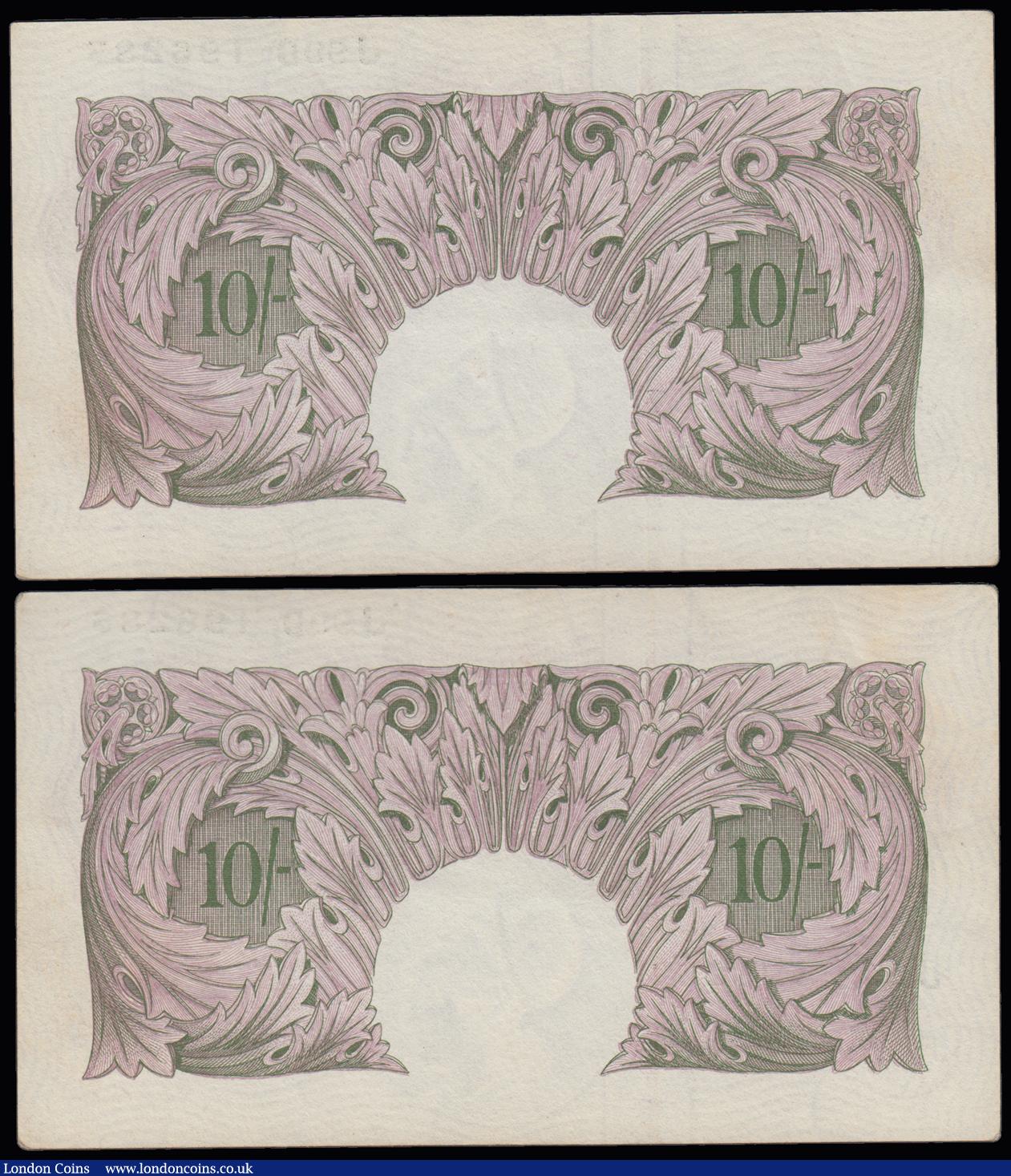 London Coins : A191 : Lot 67 : Ten Shillings Peppiatt mauve B251 issued 1940 (2 consecutives) J99D 196286 and 287 Unc