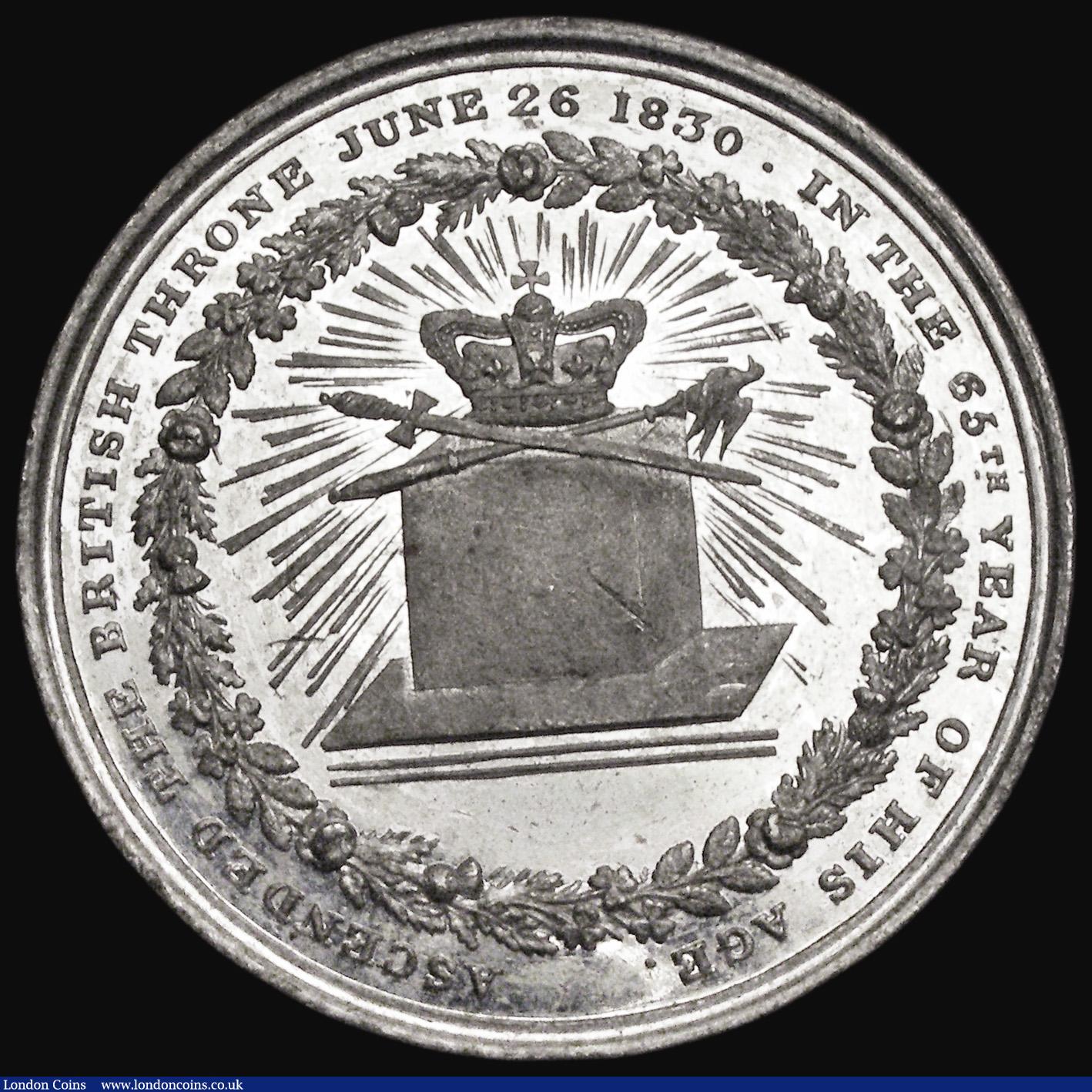 London Coins : A191 : Lot 769 : Accession of William IV 1830 White Metal 47mm bare hear right facing bust, reverse ASCENDED THE BRIT...