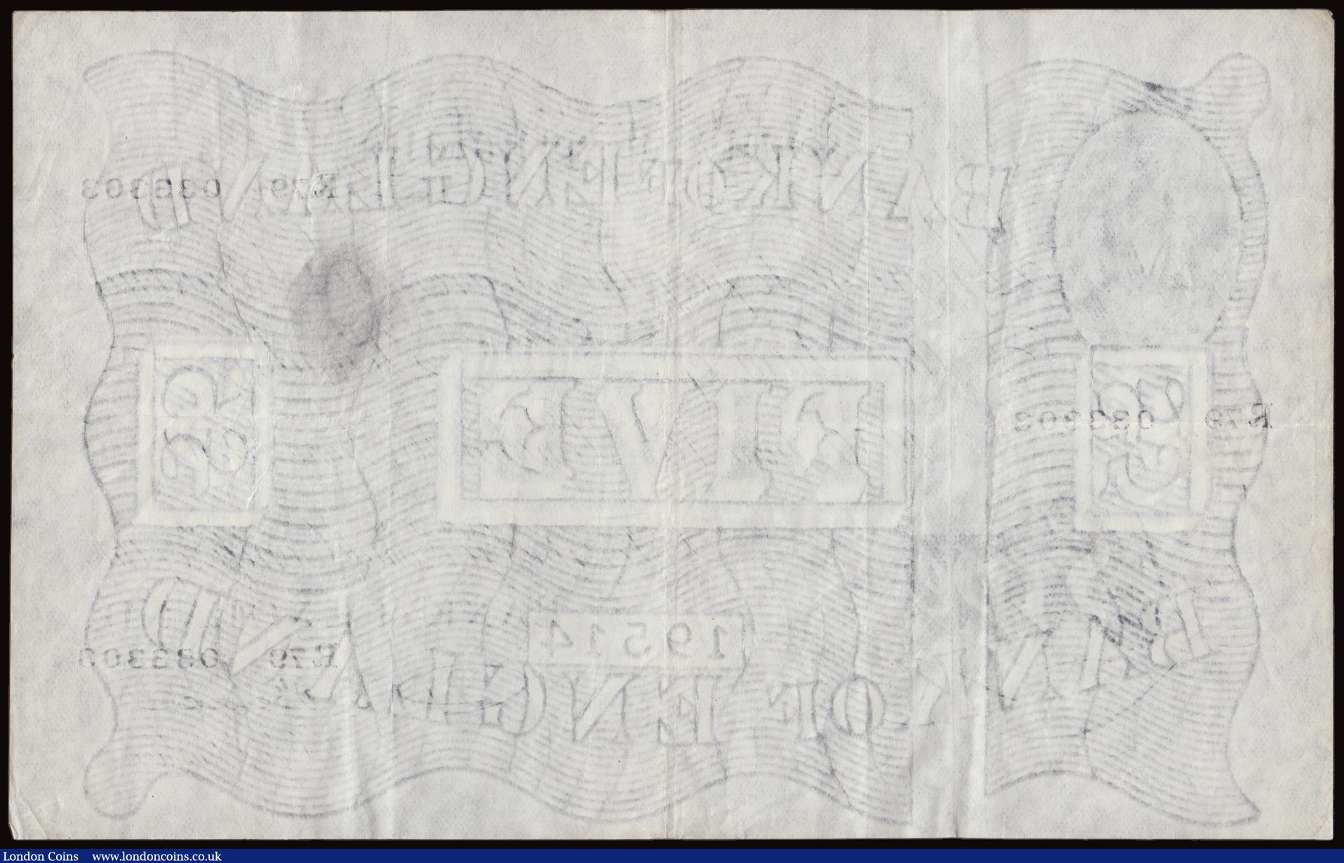 London Coins : A191 : Lot 90 : Five Pounds Beale white B270 dated 16th June 1950 S/N R79 033303, VF a grey stain reverse