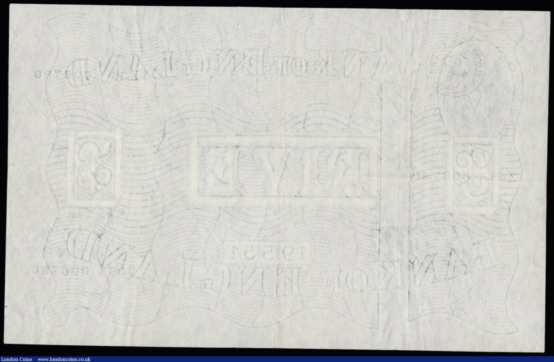 London Coins : A191 : Lot 97 : Five Pounds O'Brien white B275 dated 1 April 1955 prefix Z36, Very Fine