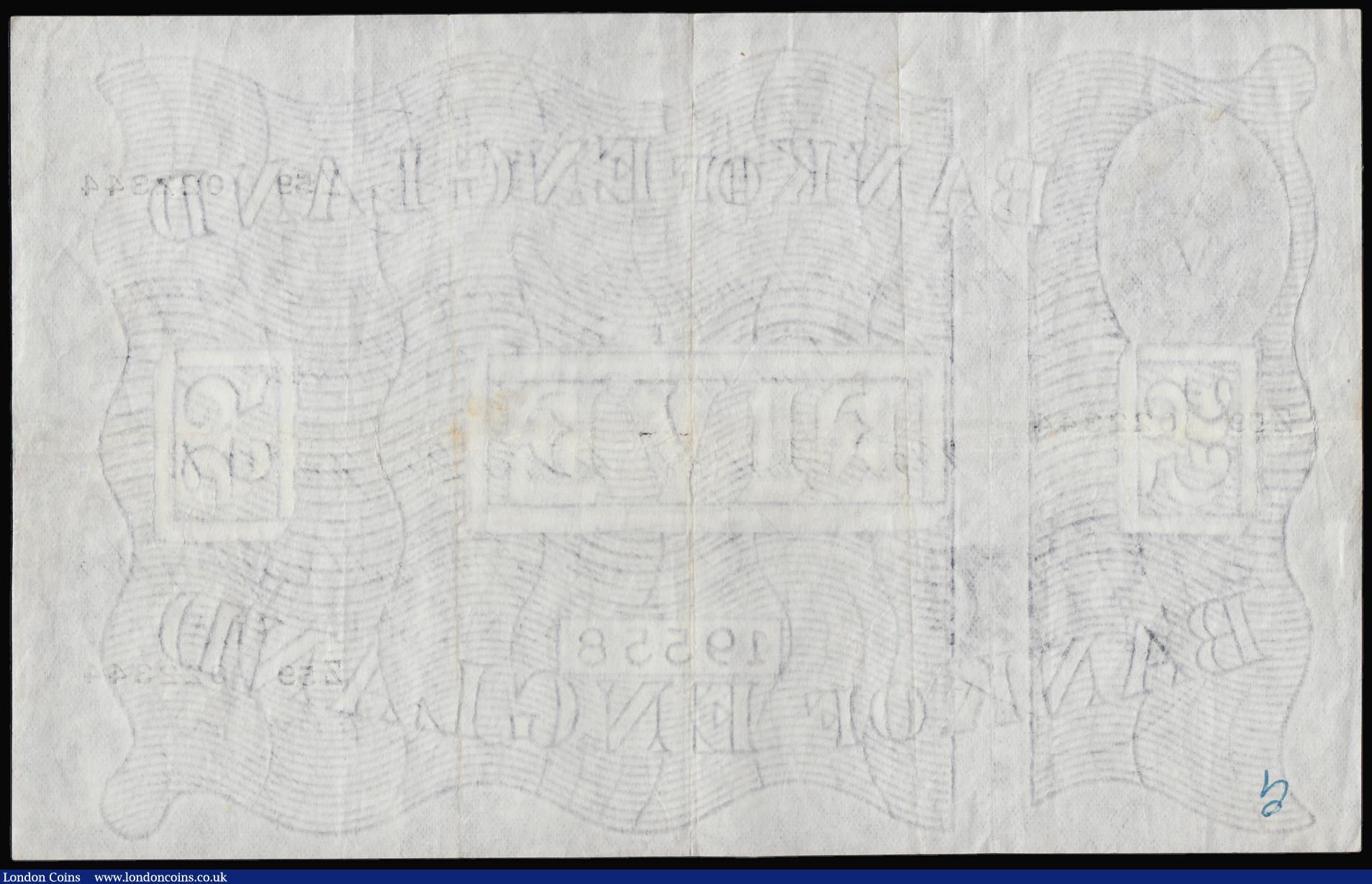 London Coins : A191 : Lot 98 : Five Pounds O'Brien white B275 dated 29 April 1955 series Z59 022344, VF small inked number bot...
