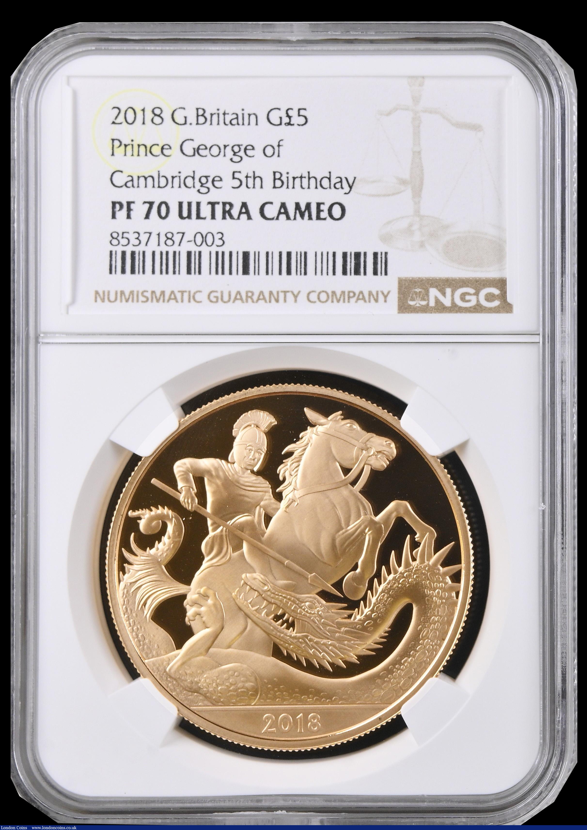 London Coins : A192 : Lot 1020 : Five Pound Crown 2018 Prince George 5th Birthday, Reverse: A modern depiction of St. George slaying ...