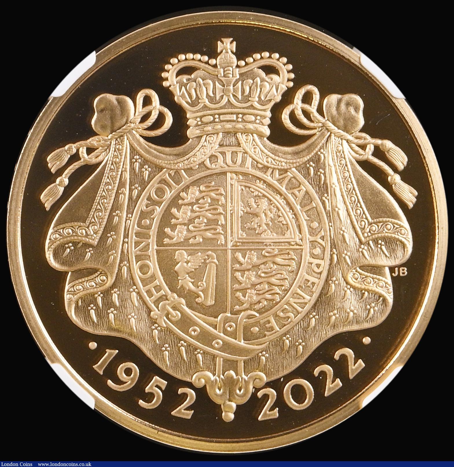 London Coins : A192 : Lot 1021 : Five Pound Crown 2022 Queen Elizabeth II Platinum Jubilee Gold Proof in an NGC holder and graded PF7...
