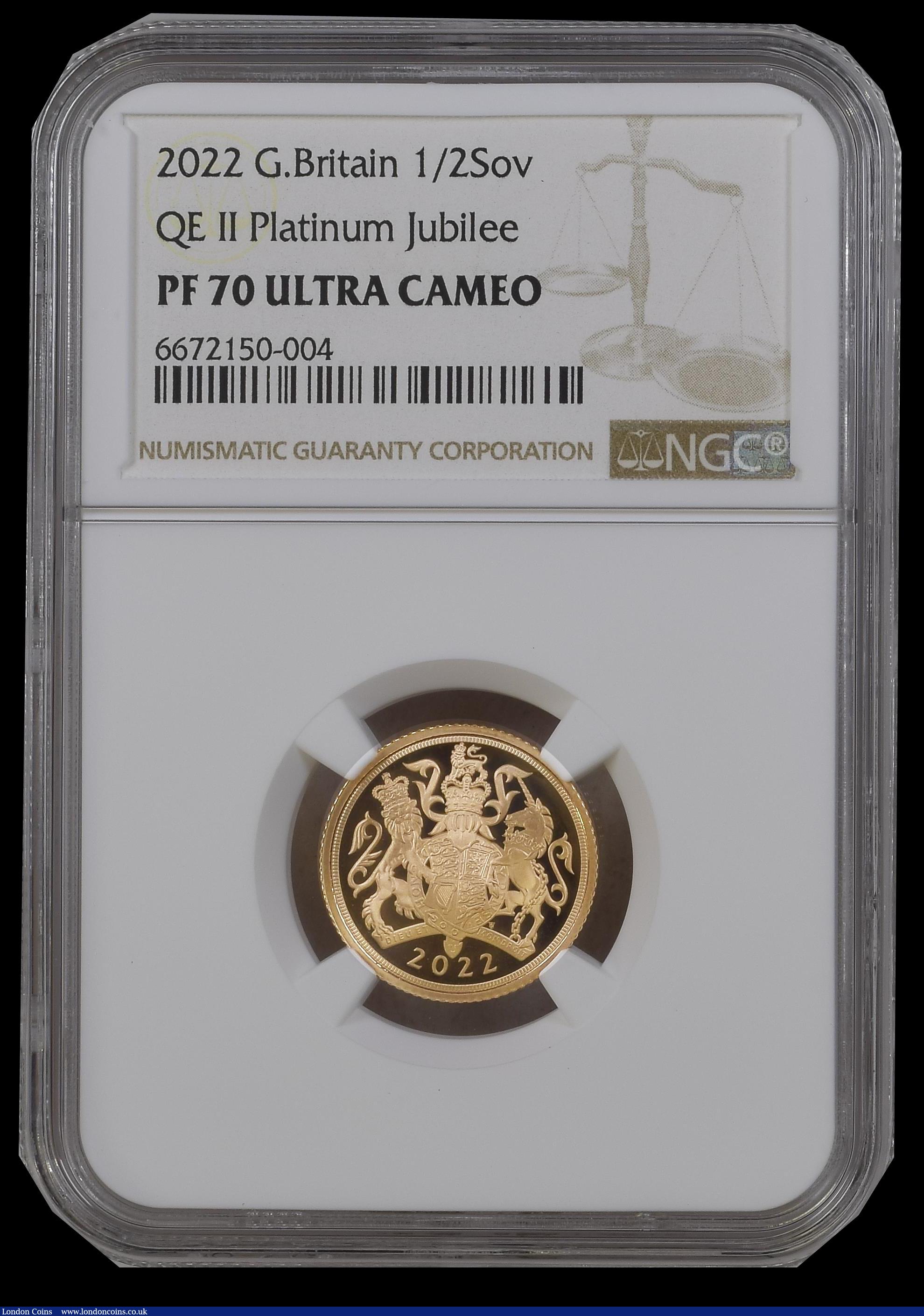 London Coins : A192 : Lot 1155 : Half Sovereign 2022 Queen Elizabeth II Platinum (70th) Jubilee Gold Proof. Reverse: Crowned Royal Ar...
