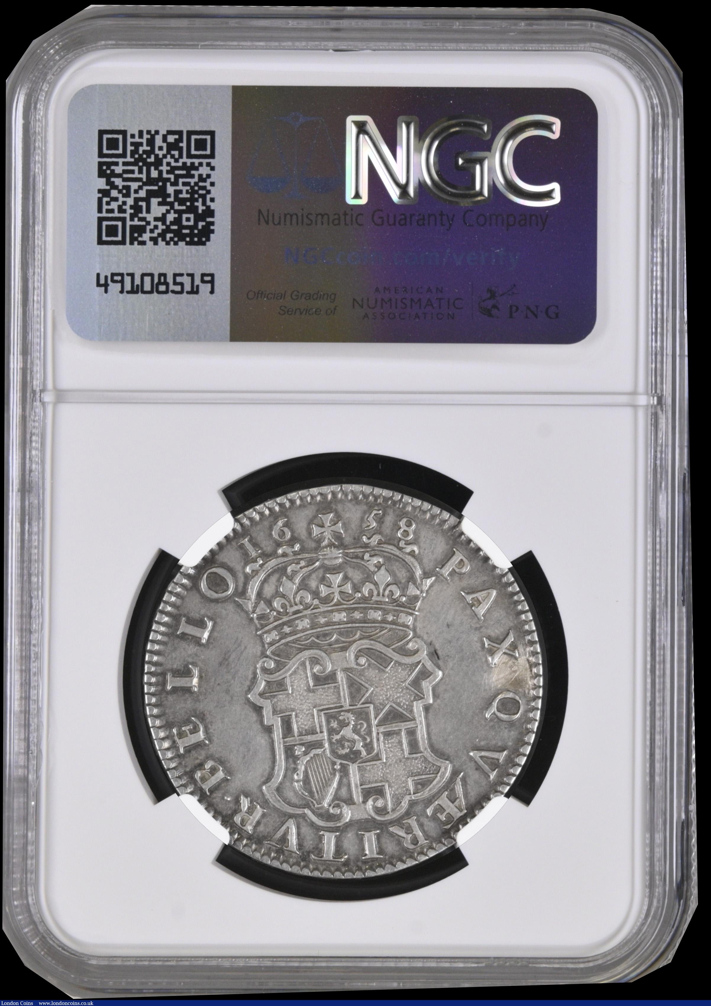London Coins : A192 : Lot 1159 : Halfcrown 1658 Cromwell ESC 447, Bull 252 in an NGC holder - AU Details, Reverse Repaired