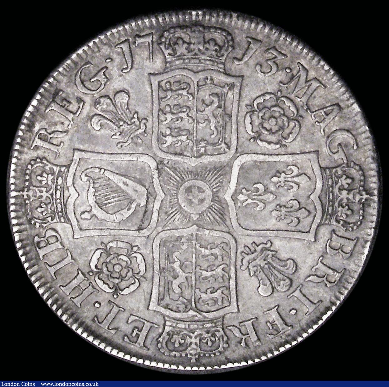 London Coins : A192 : Lot 1169 : Halfcrown 1713 Roses and Plumes ESC 584 Good Fine with an even tone