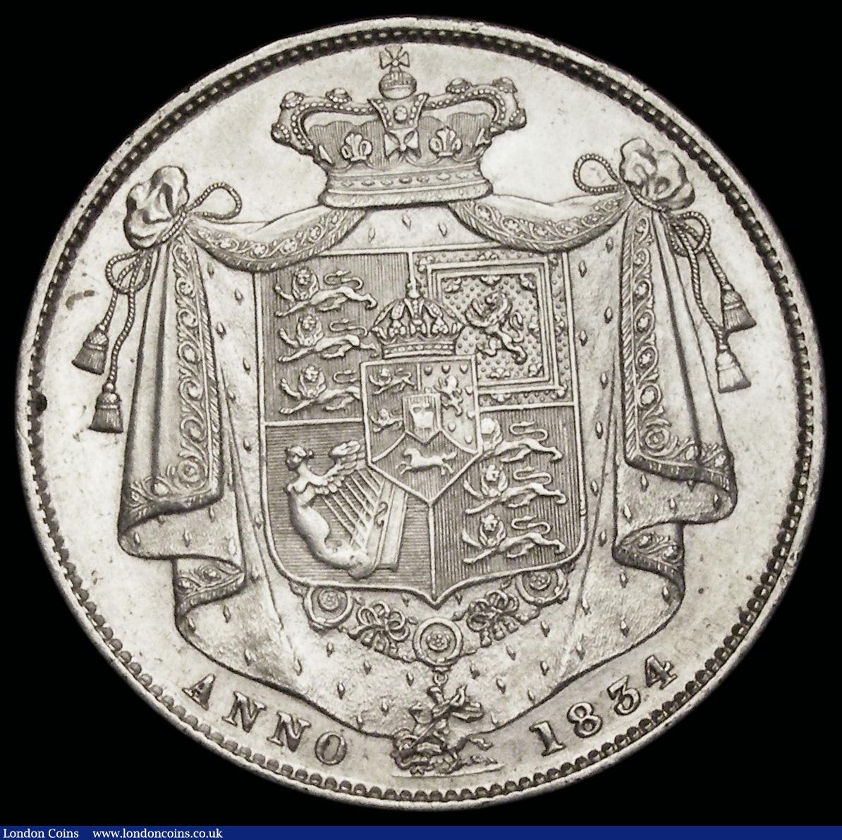 London Coins : A192 : Lot 1190 : Halfcrown 1834 WW in script ESC 662, Bull 2478 bright EF or better with hairlines