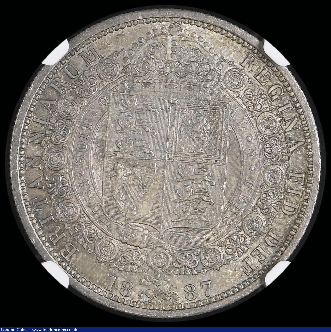 London Coins : A192 : Lot 1208 : Halfcrown 1887 Jubilee Head ESC 719, Bull 2771, Choice Unc with a lovely tone, in an NGC holder and ...