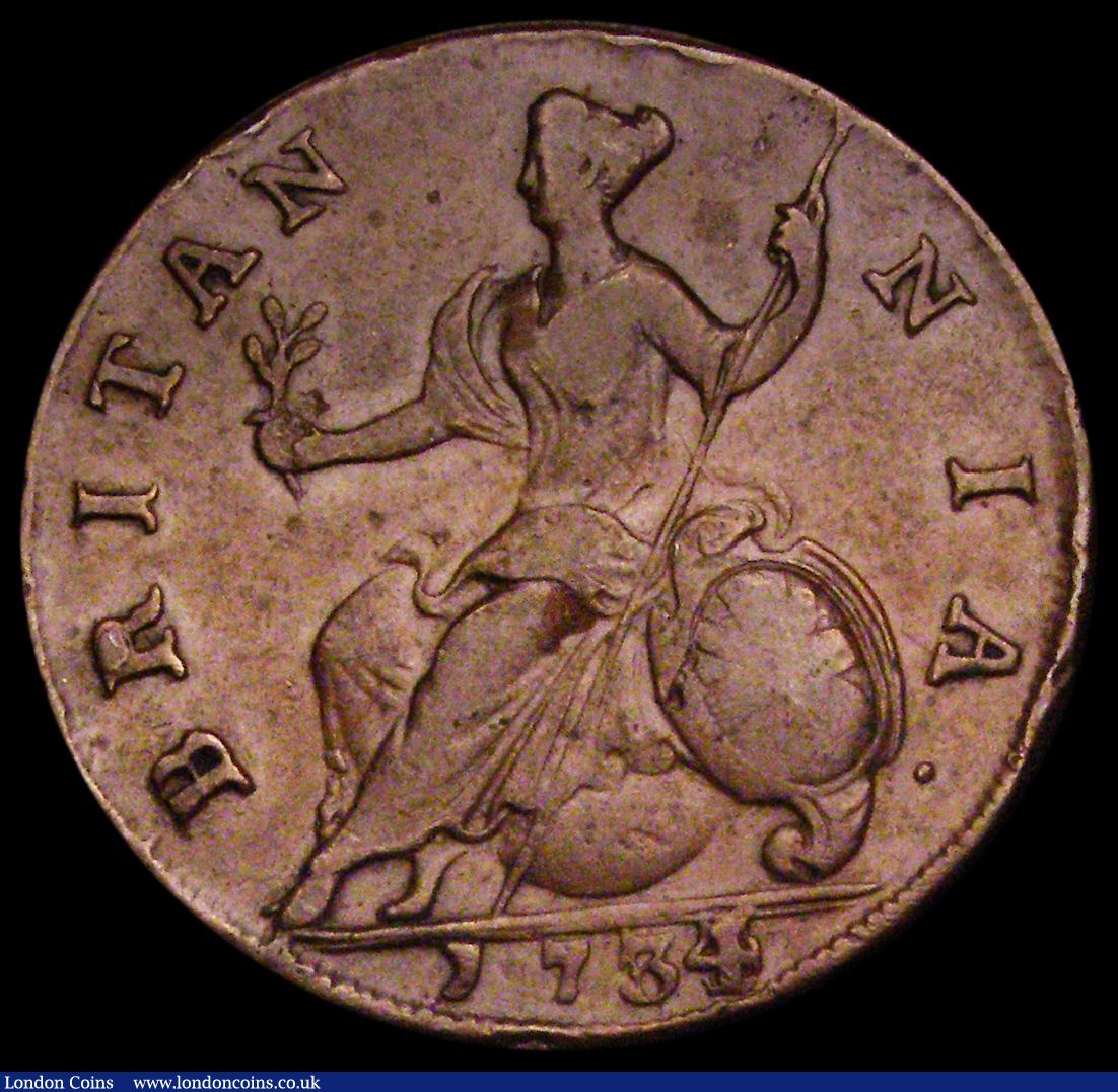 London Coins : A192 : Lot 1261 : Halfpenny 1734 4 over 3 Peck 846 Fine with a dig on the portrait, Ex-Nicholson collection 2003 item ...