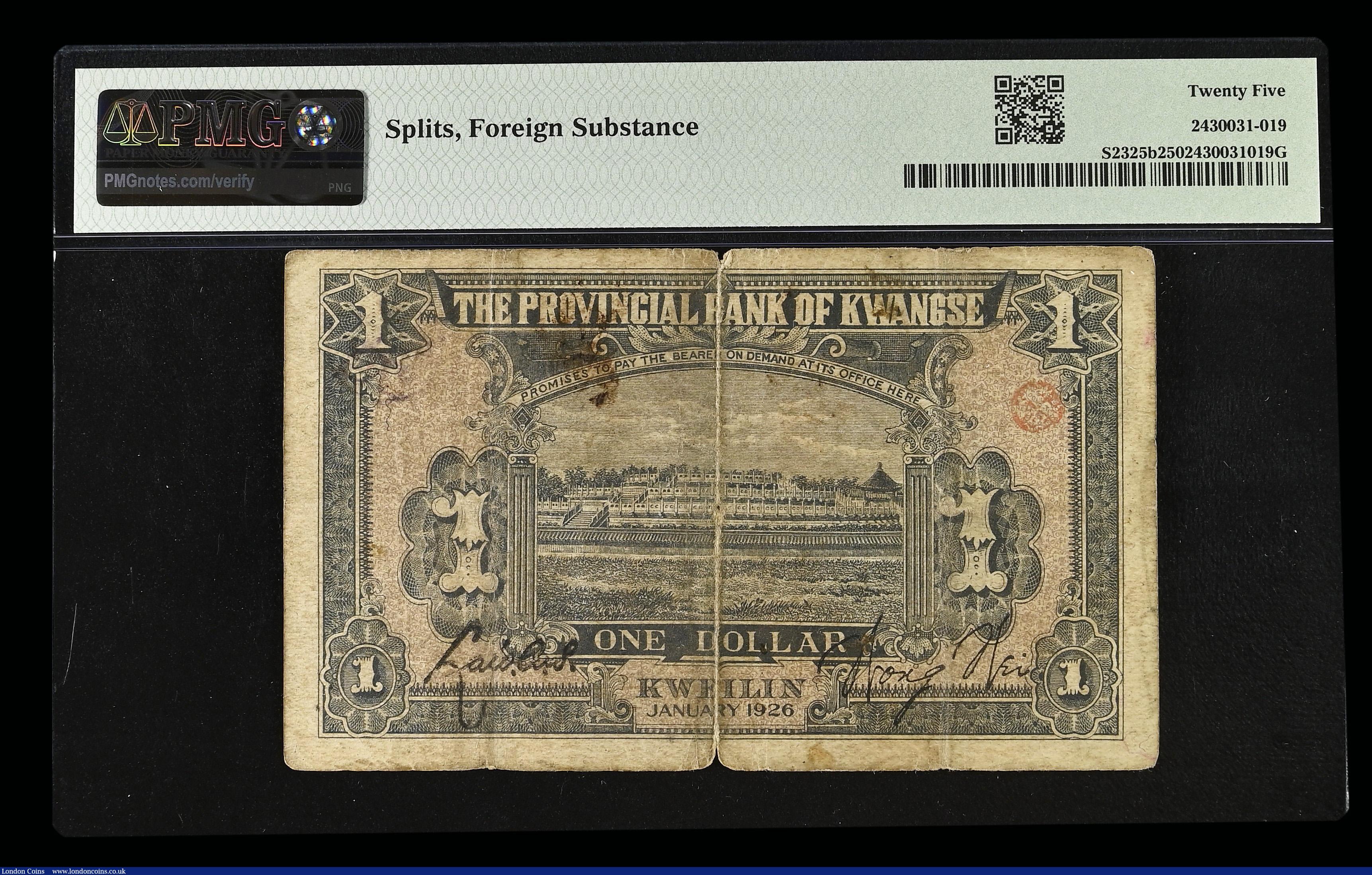 London Coins : A192 : Lot 141 : China Provincial bank of Kwangse 1 Dollar 1926 Pick S2325b S/M#K35-1b S/N 025633 Kweilin Very Fine P...