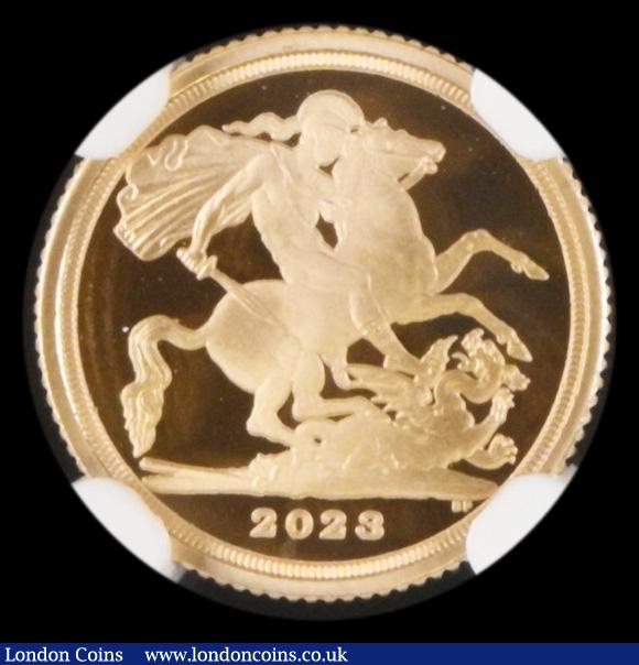 London Coins : A192 : Lot 1501 : Quarter Sovereign 2023 Coronation of King Charles III Gold Proof in a NGC holder and graded PF70 Ult...