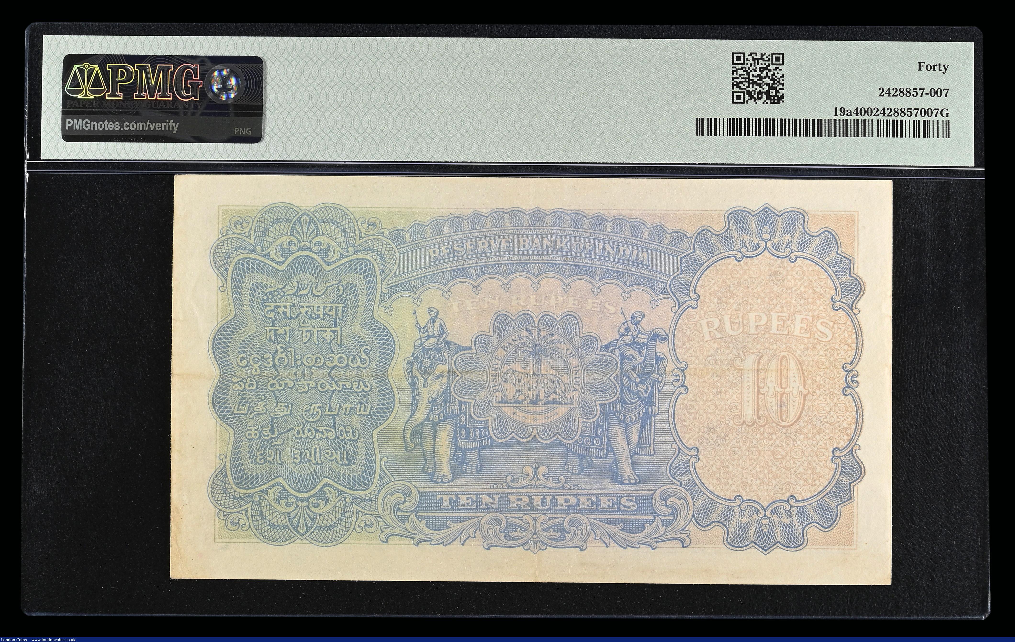 London Coins : A192 : Lot 167 : India 10 Rupees George VI issue signed Taylor (1937) Pick 19a Extremely Fine PMG 40