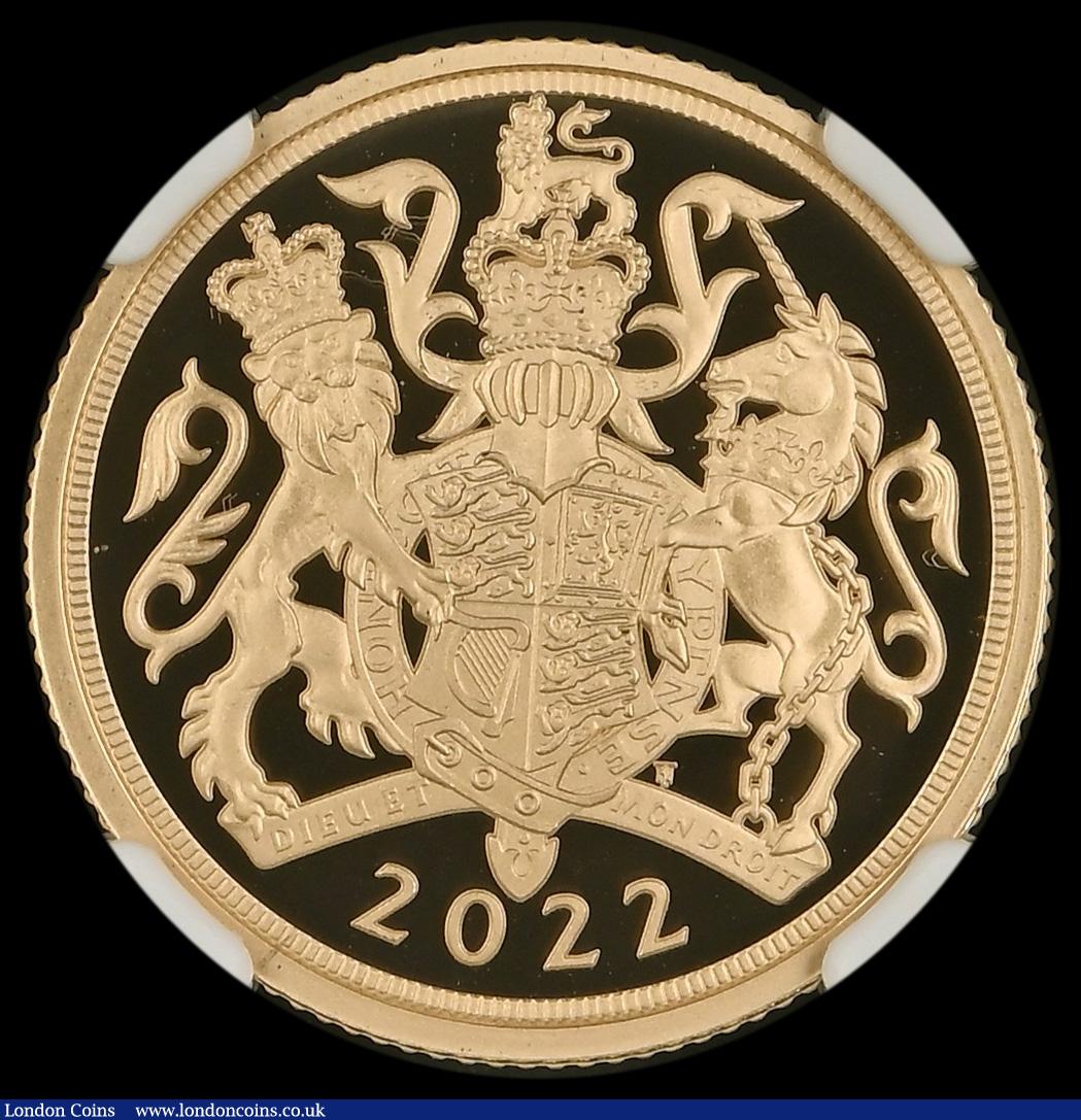 London Coins : A192 : Lot 1788 : Sovereign 2022 Queen Elizabeth II Platinum Jubilee Gold Proof S.SC12, in a NGC holder and graded PF7...