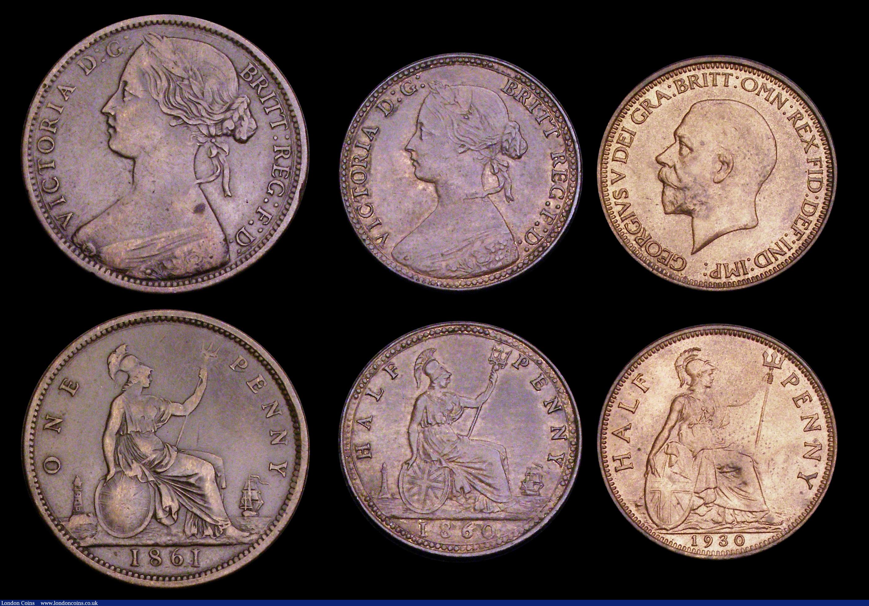 London Coins : A192 : Lot 1846 : Bronze (5) Pennies 1861 Freeman 33 VF, 1870 EF with some surface pitting, 1873 EF. Halfpennies 1860 ...