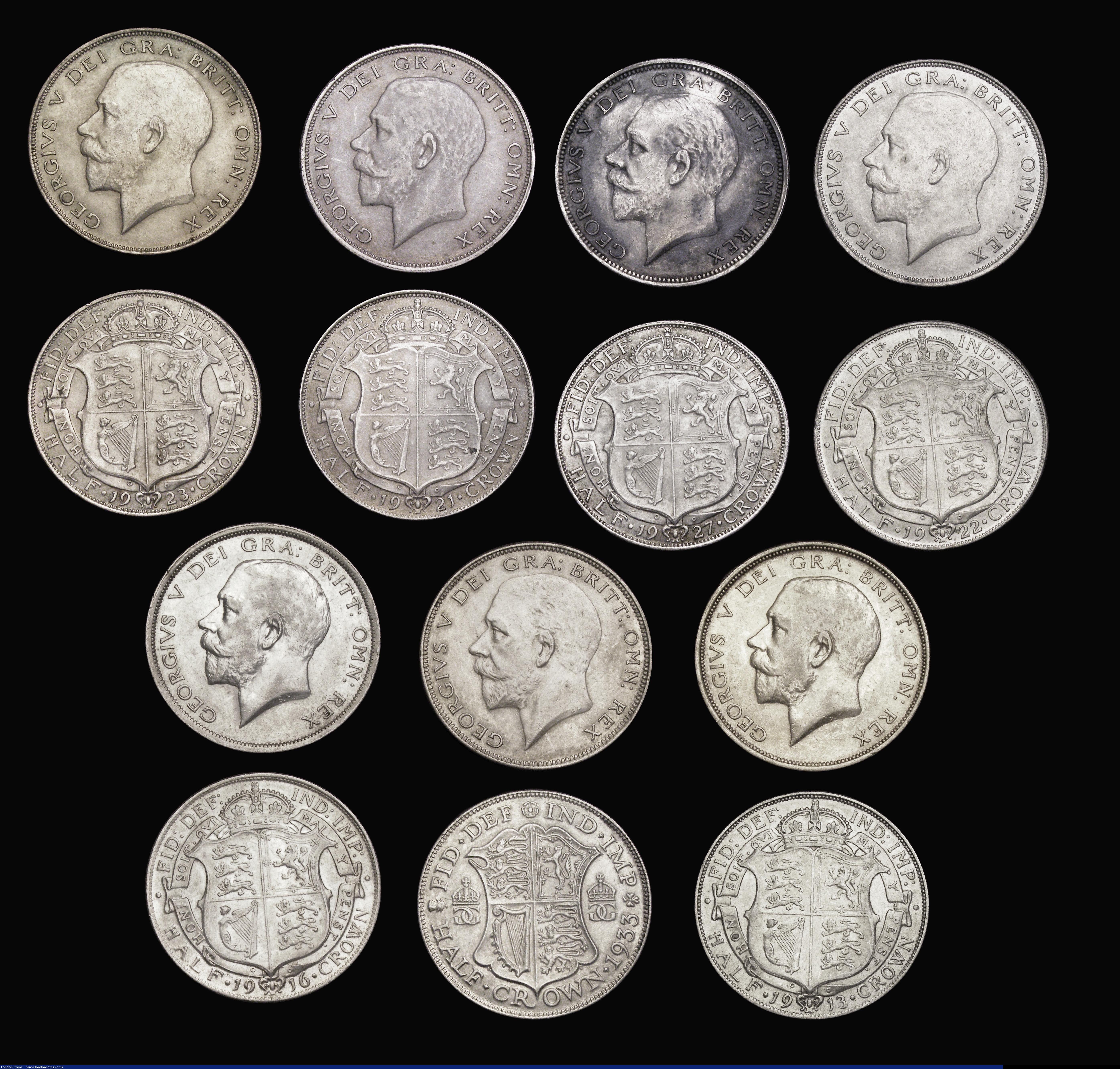 London Coins : A192 : Lot 1893 : Halfcrowns of George V 1911 Fine or better, 1913 nVF/VF, 1916 GVF/EF, 1918 EF, 1919 aVF/VF, 1920 Fin...