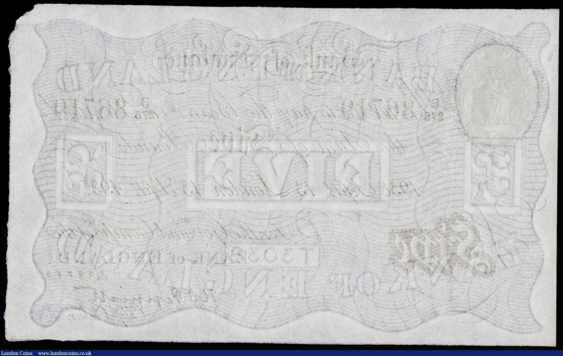 London Coins : A192 : Lot 31 : Five Pounds Peppiatt white B241 dated 13 Sept 1938 S/N B/276 86719  GEF-AU (right hand top corner of...