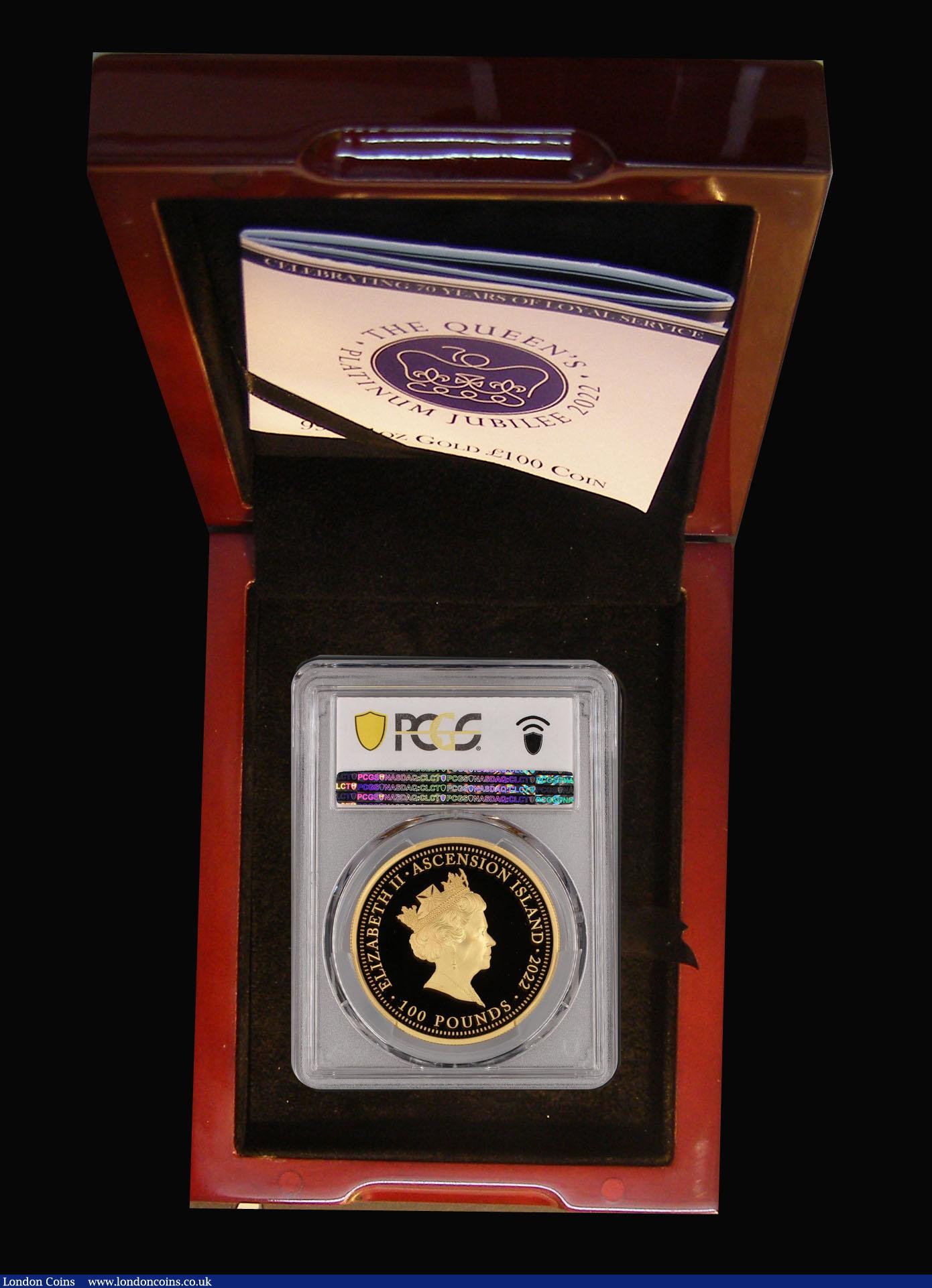 London Coins : A192 : Lot 341 : Ascension Islands 100 Pounds 2022 QE II Platinum Jubilee 1 Ounce .9999 Gold Proof PCGS PR69DCAM in a...