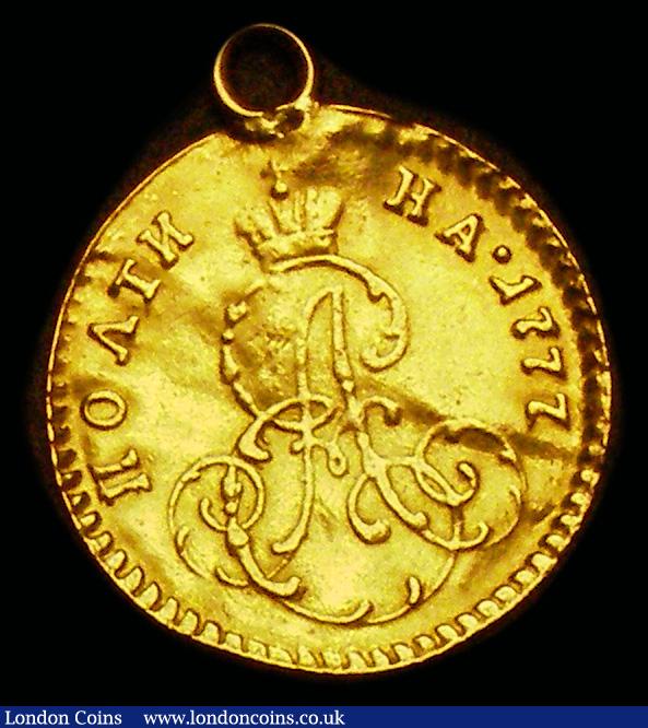 London Coins : A192 : Lot 706 : Russia Poltina (Gold 1/2 Ruble) 1777 Catherine The Great obverse with crowned monogram reverse scarc...