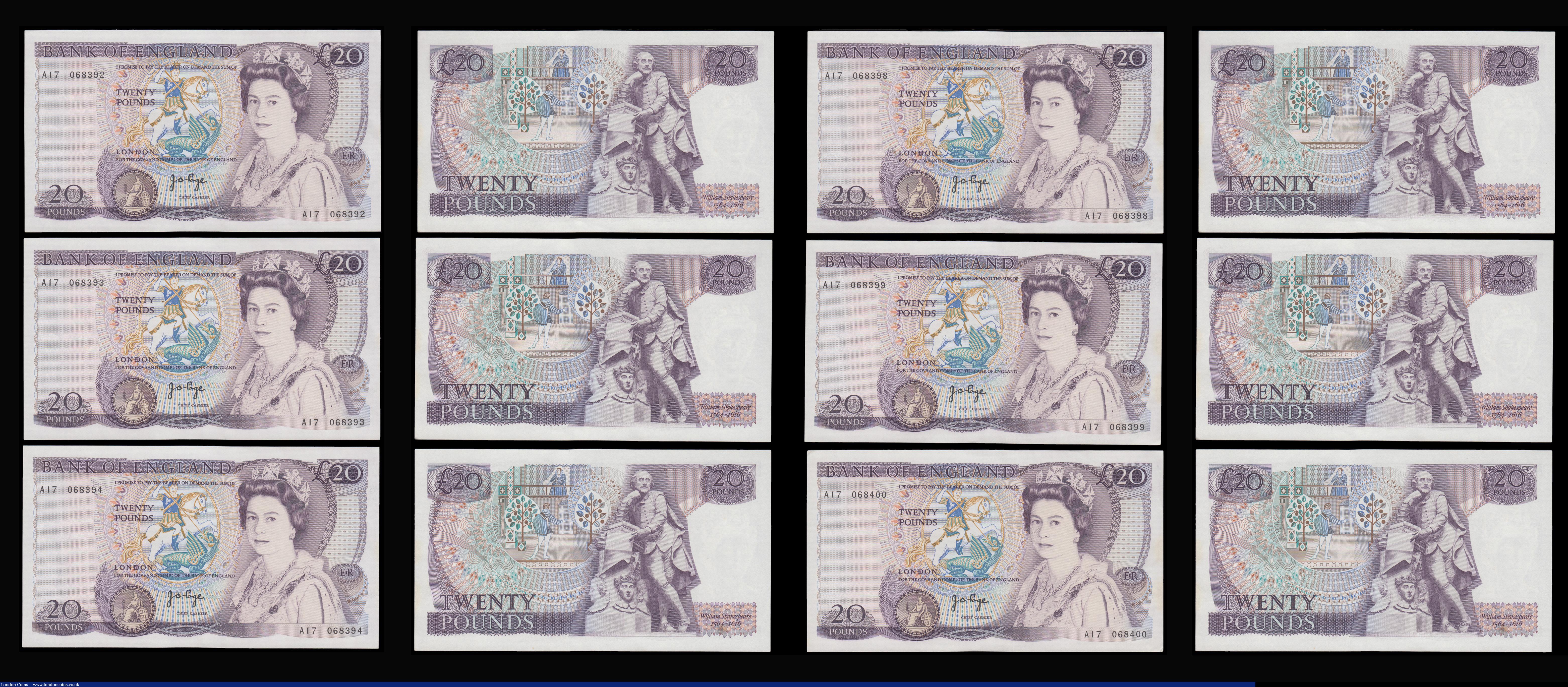 London Coins : A192 : Lot 81 : Twenty Pounds Page B328 issued 1970 first series William Shakespeare on reverse, Pick380b (10 consec...