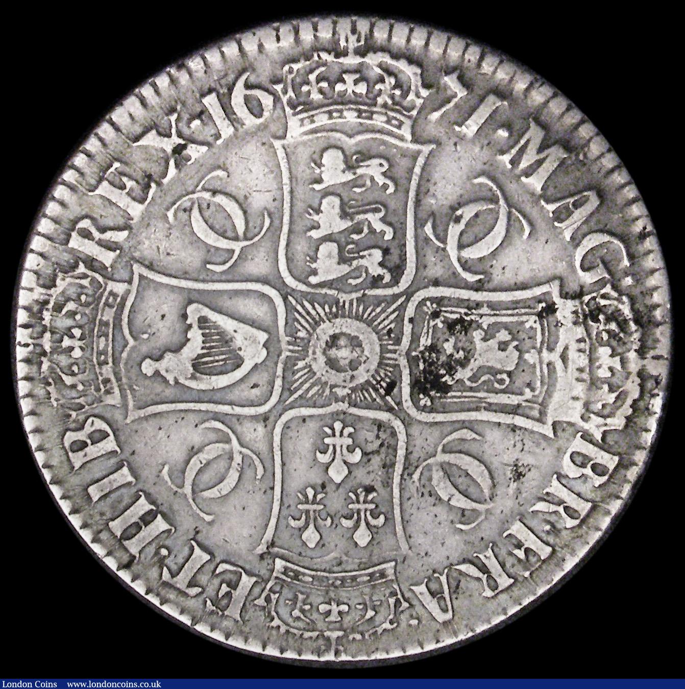 London Coins : A192 : Lot 917 : Crown 1671 Third Bust with reverse 2 No Stop After HIB and with the excessively rare VICESIMO QVARTO...