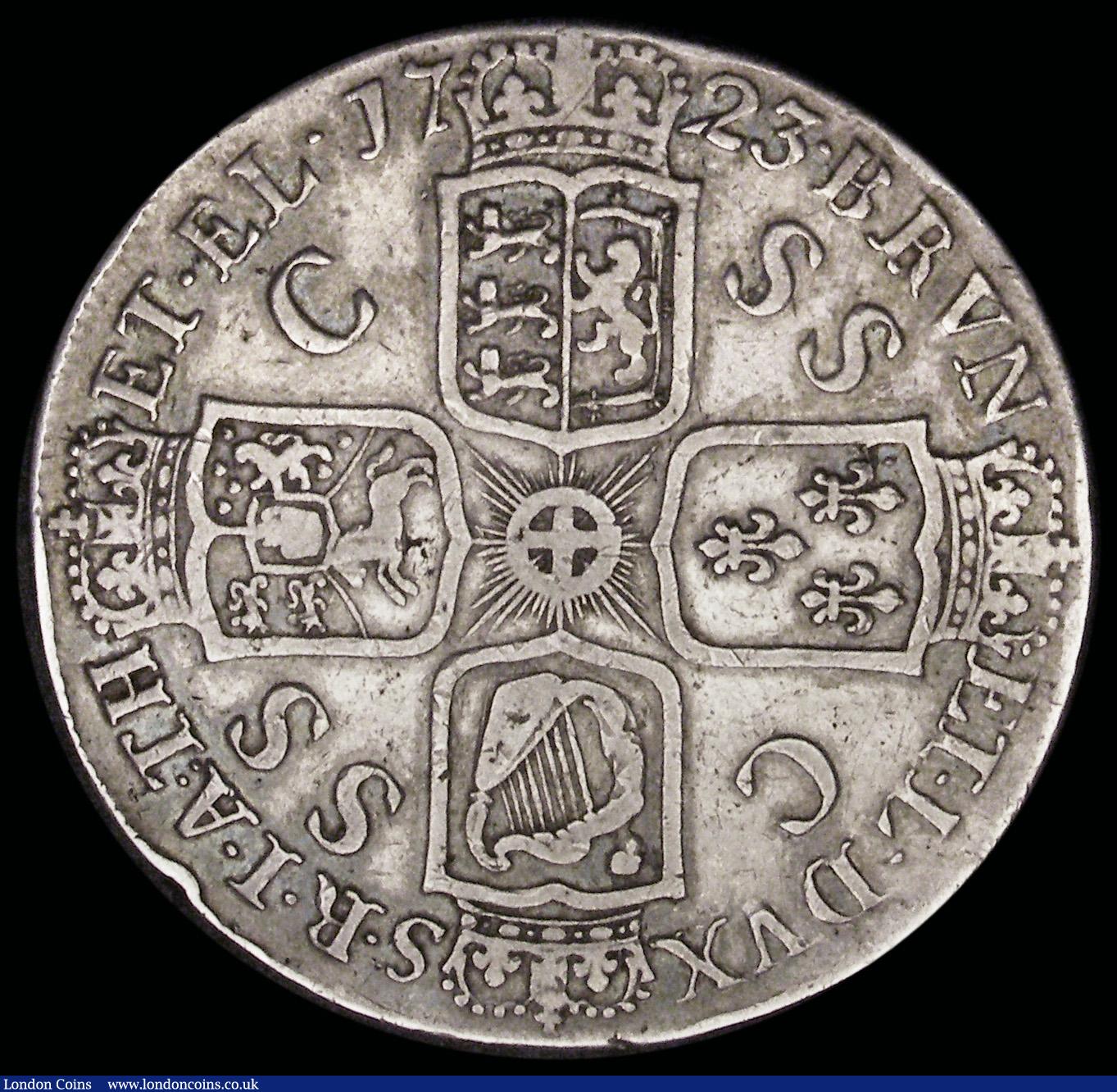 London Coins : A192 : Lot 922 : Crown 1723 SSC, DECIMO edge, ESC 114, Bull 1545 approaching Fine/Fine with an edge knock