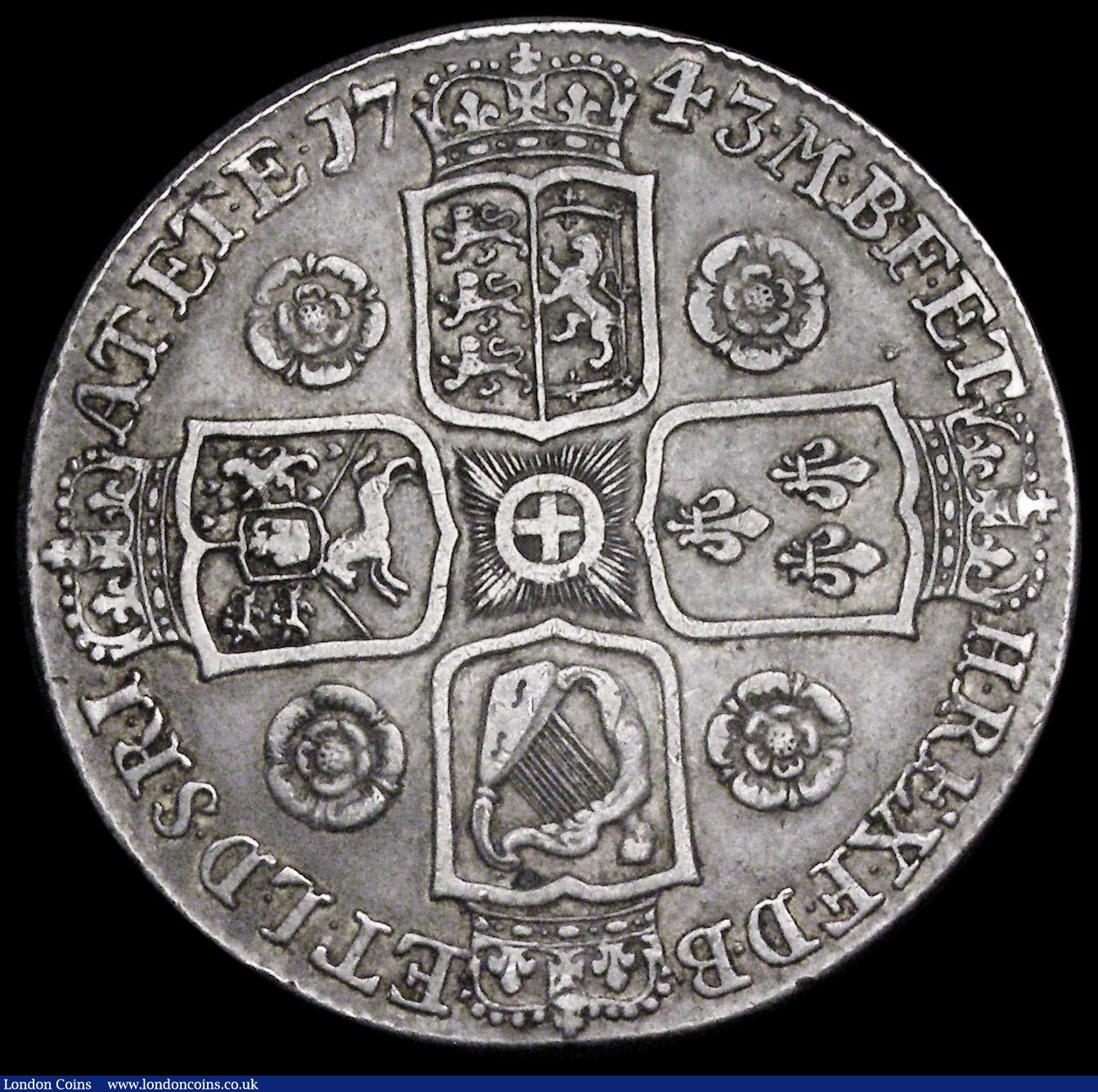 London Coins : A192 : Lot 923 : Crown 1743 Roses ESC 124, Bull 1667 Bold and Pleasant VF with an even tone