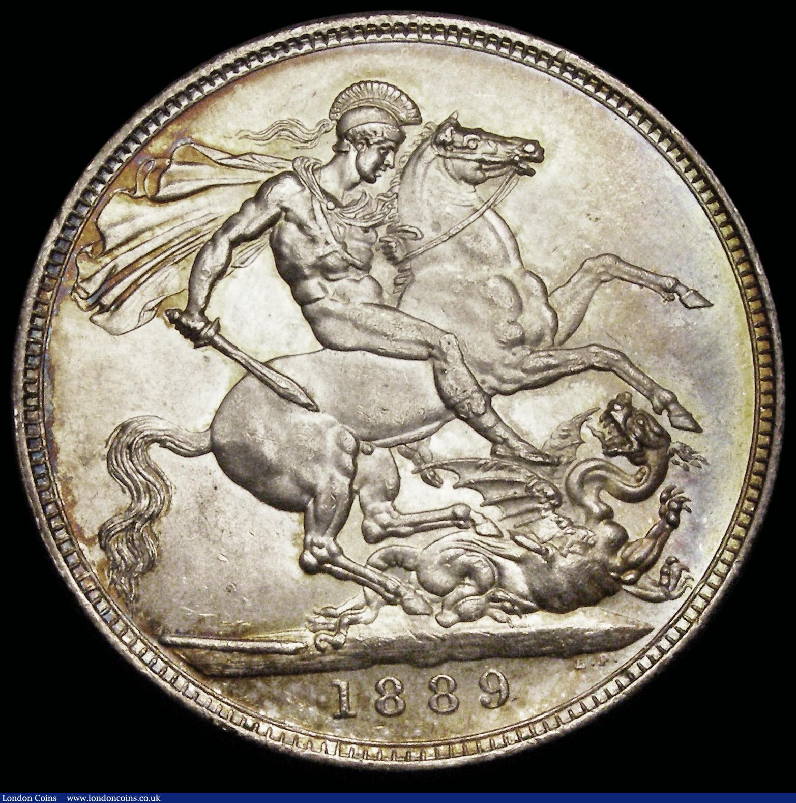 London Coins : A192 : Lot 944 : Crown 1889 ESC 299, Bull 2589, AU/UNC with an eye catching peripheral multi-coloured tone over origi...