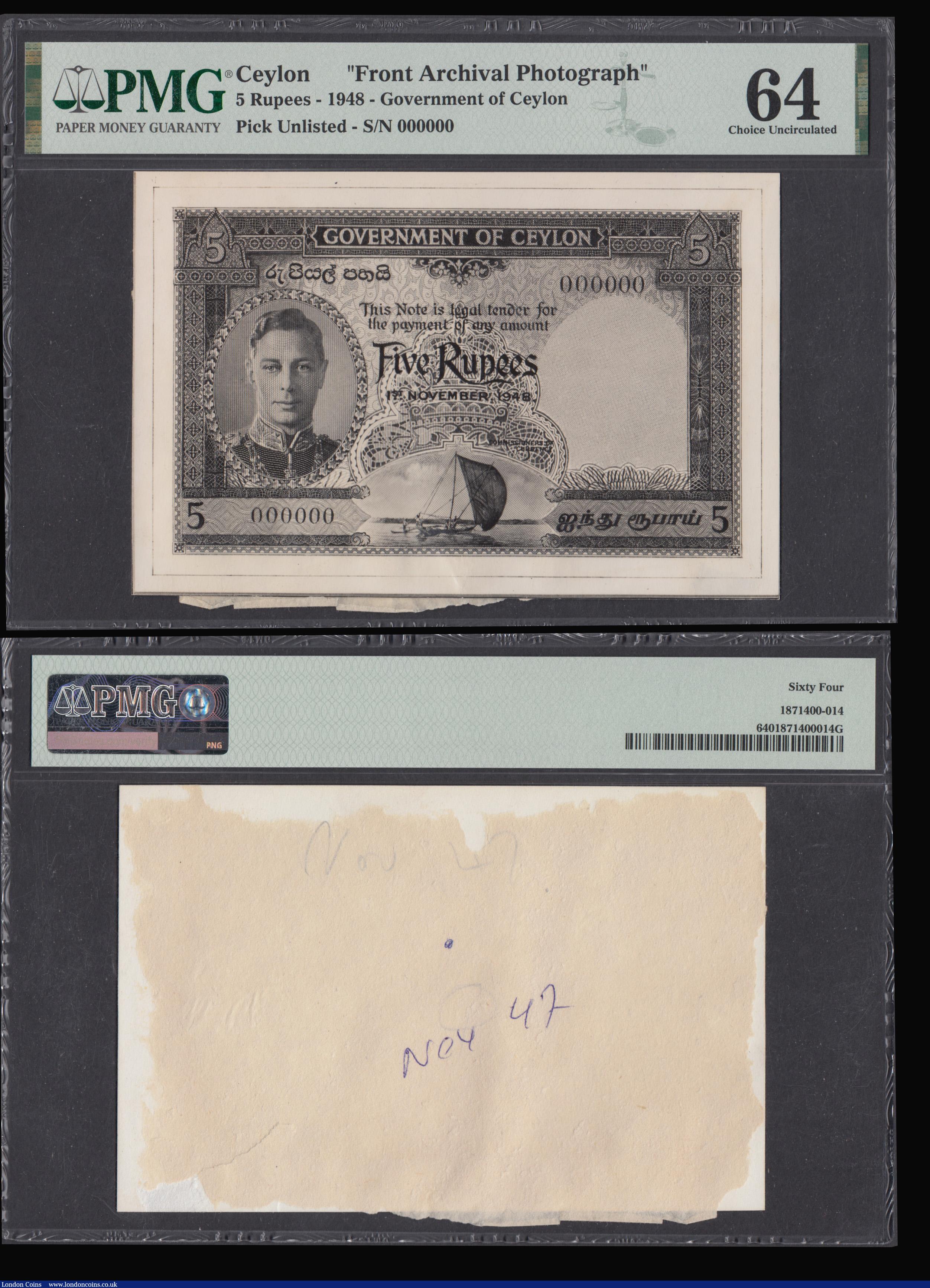 London Coins : A193 : Lot 103 : Ceylon 5 Rupees 1 November 1948 black on white George VI facing portrait at left Government of Ceylo...