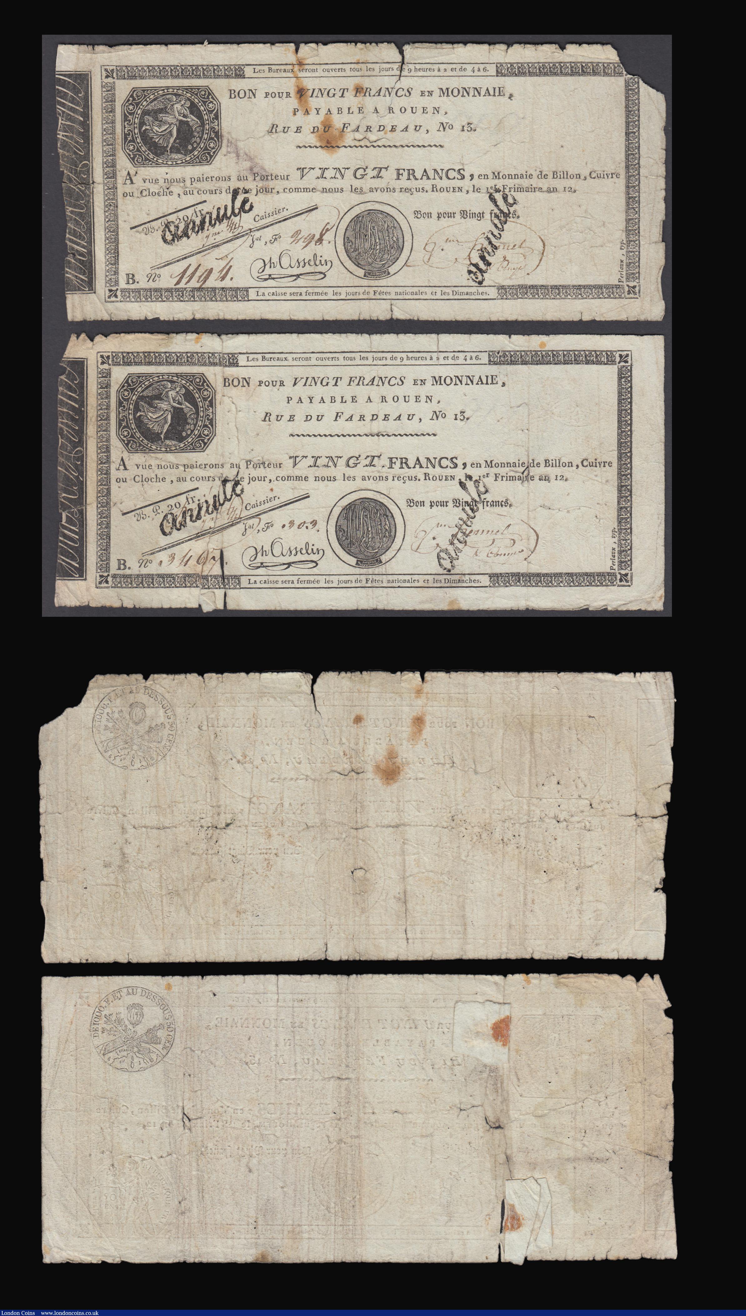 London Coins : A193 : Lot 114 : France Revolution Casse De Exchange Rouen 20 Francs Lan 12 Pick S245b (4) VG-Fine each with an Annul...