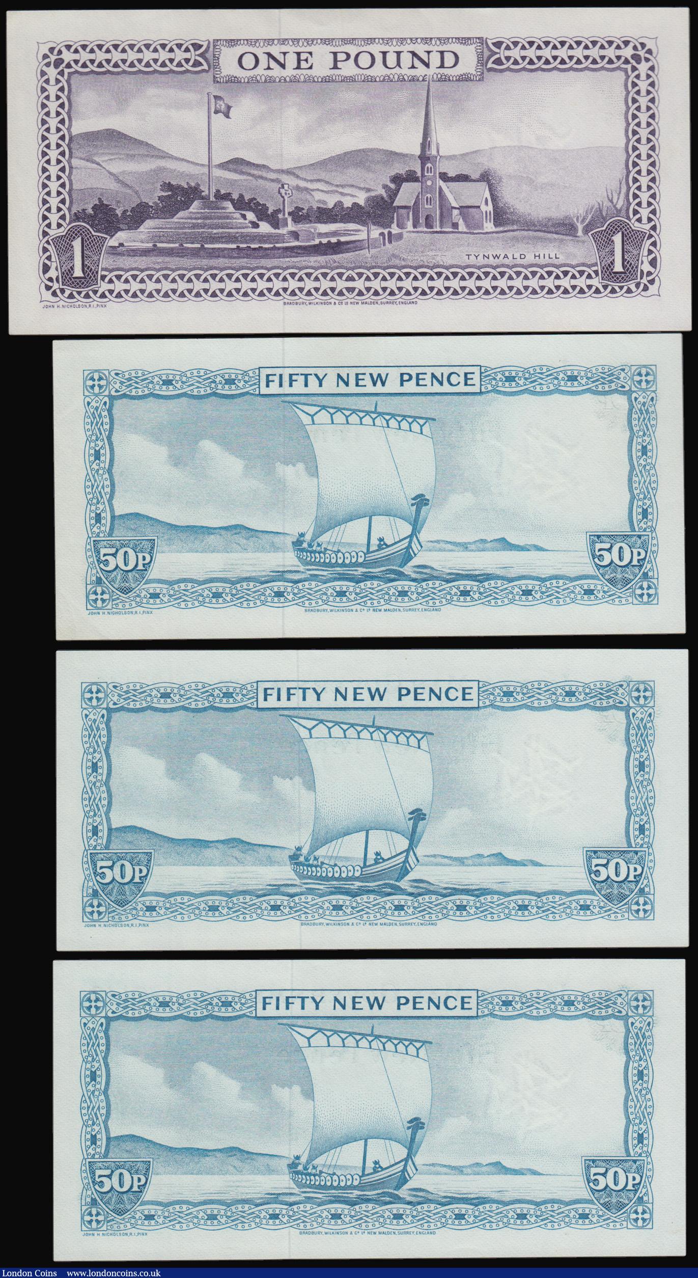 London Coins : A193 : Lot 127 : Isle of Man Stallard signature 1972 (4) 1 Pound Pick 29a Unc, 50 Pence Pick27a, (3) 2 consecutives 1...