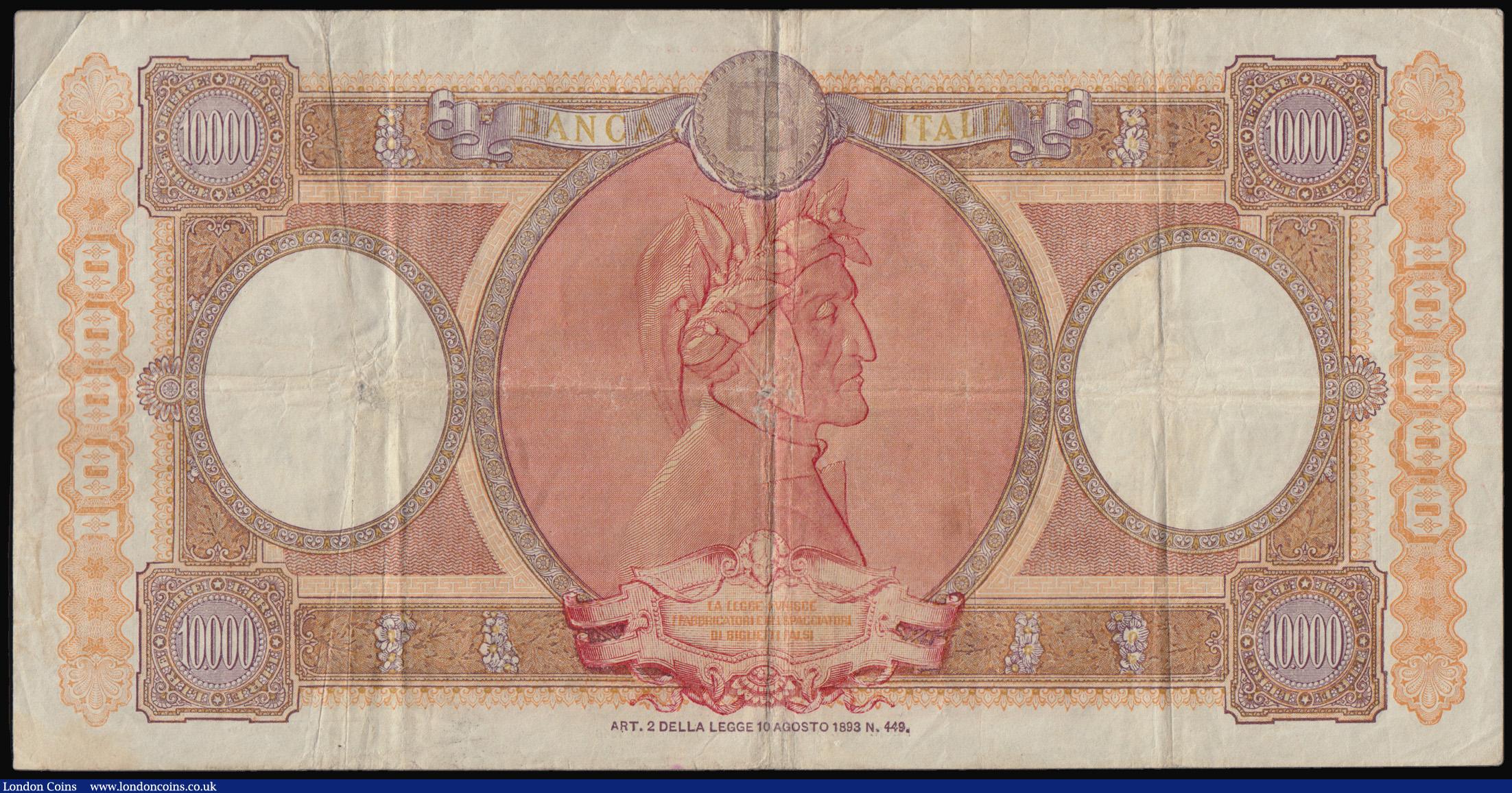 London Coins : A193 : Lot 131 : Italy Banca D'Italia 10,000 Lire 1 June 1954 Pick 89c VF central pinhole and the odd faint stai...