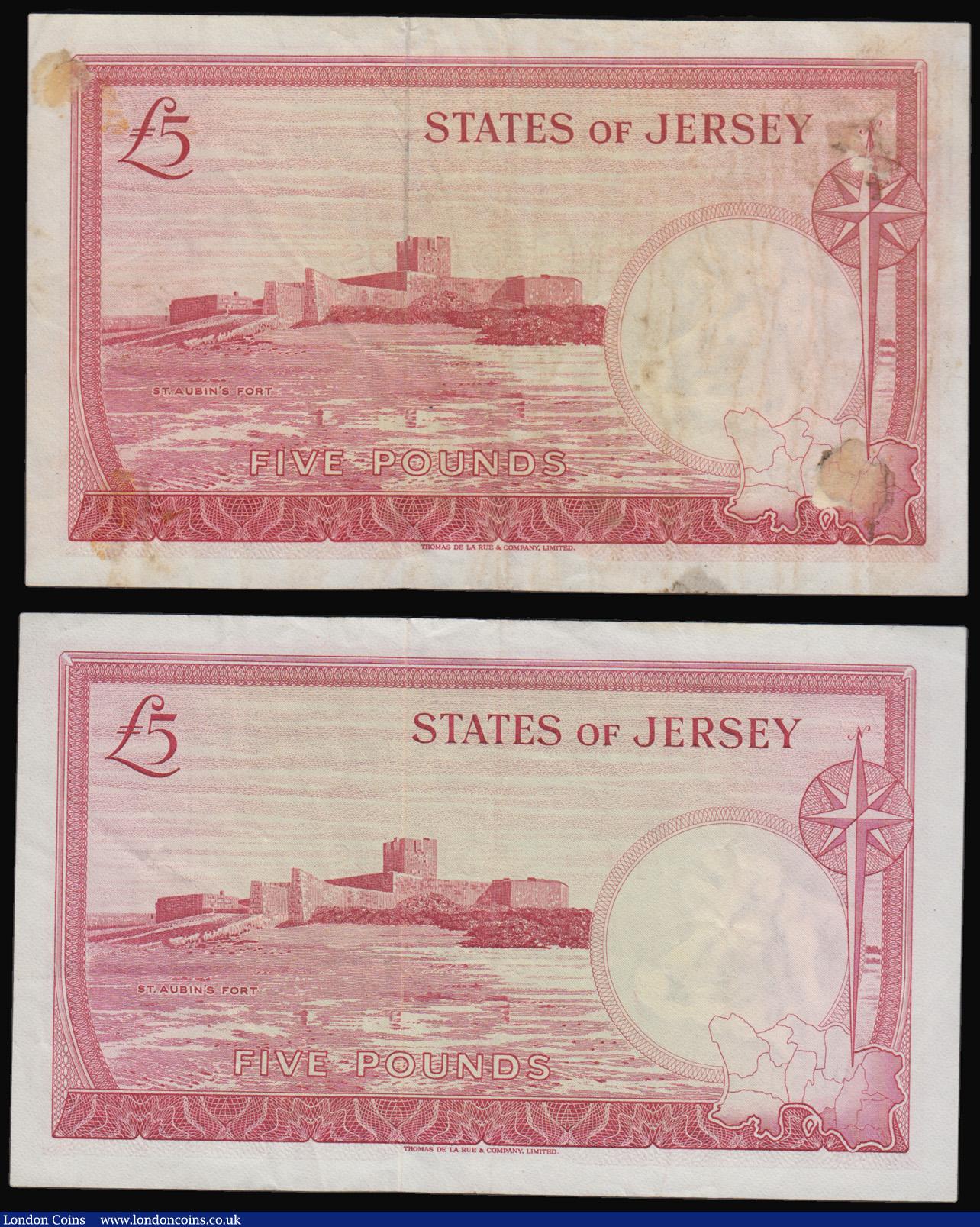 London Coins : A193 : Lot 134 : Jersey 5 Pounds red QE II at right (1963) (2) Padgham Pick 9a VF with some adhesive reverse and Clen...