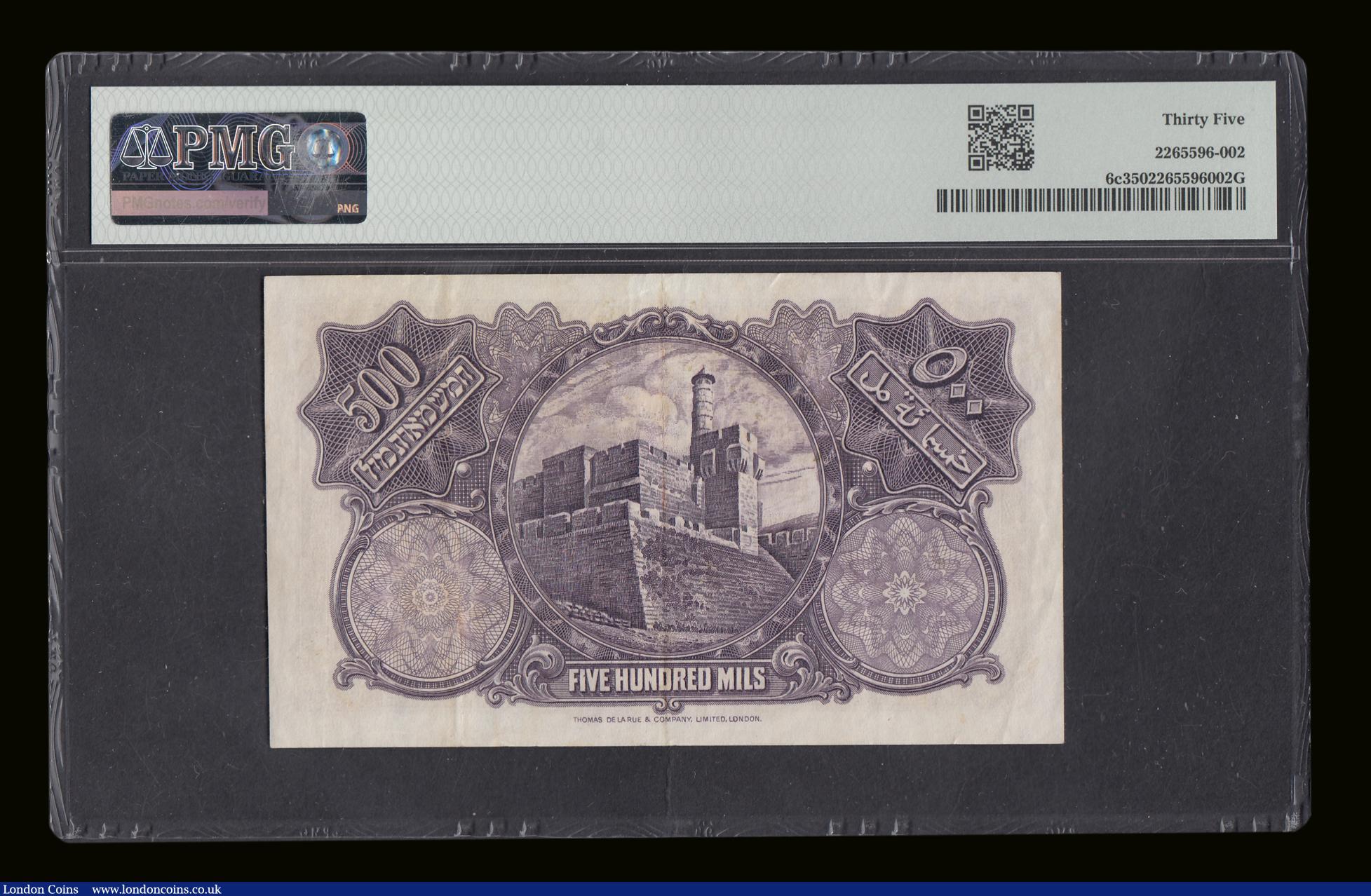 London Coins : A193 : Lot 140 : Palestine 500 Mils 29 April 1939 S/N G129339 Pick 6c Choice Very Fine PMG 35 scarce thus