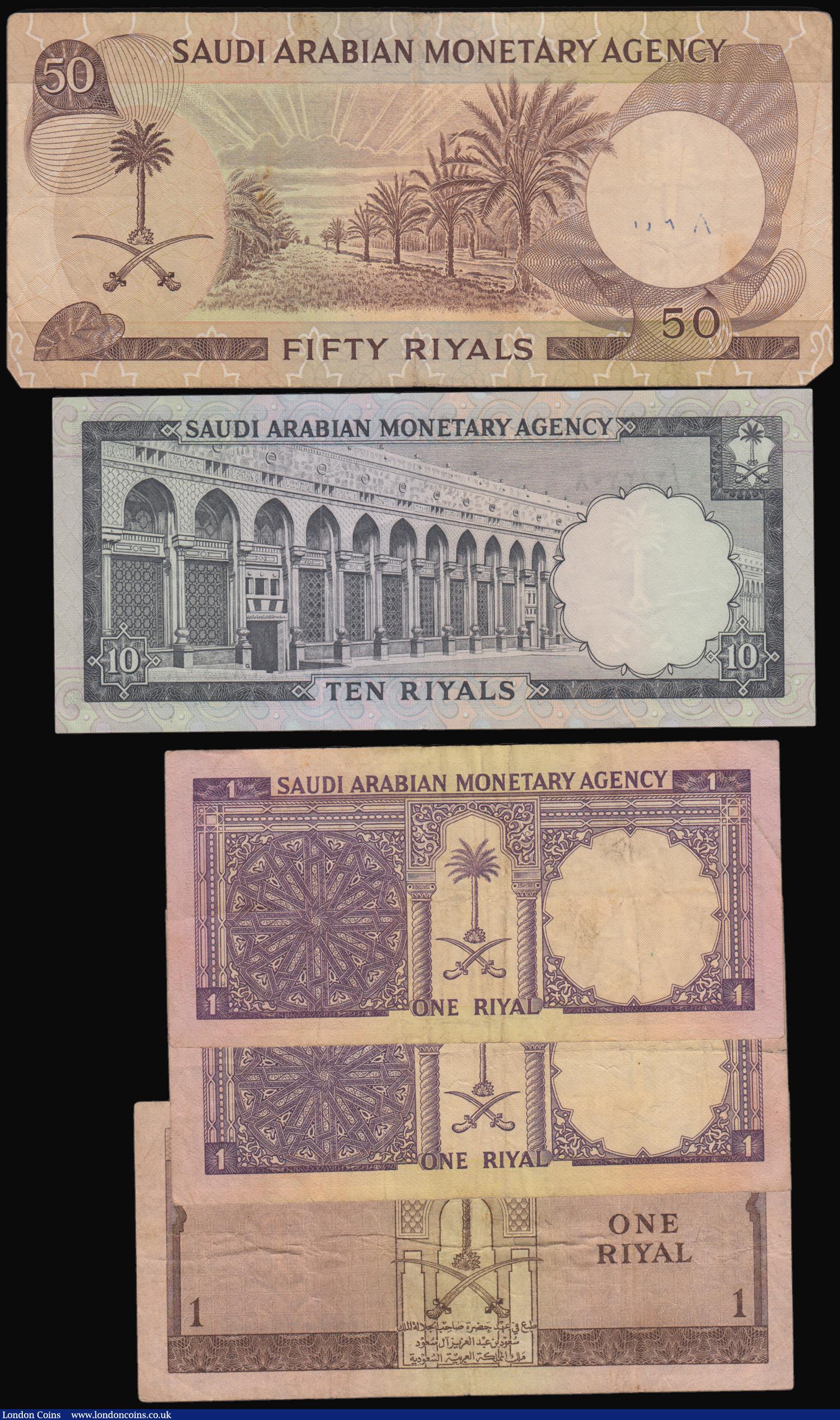 London Coins : A193 : Lot 146 : Saudi Arabia (6) AH1379 50 Rials Pick 14 Fine small inked number reverse, 10 Rials Pick 13 nEF, 1 Ri...