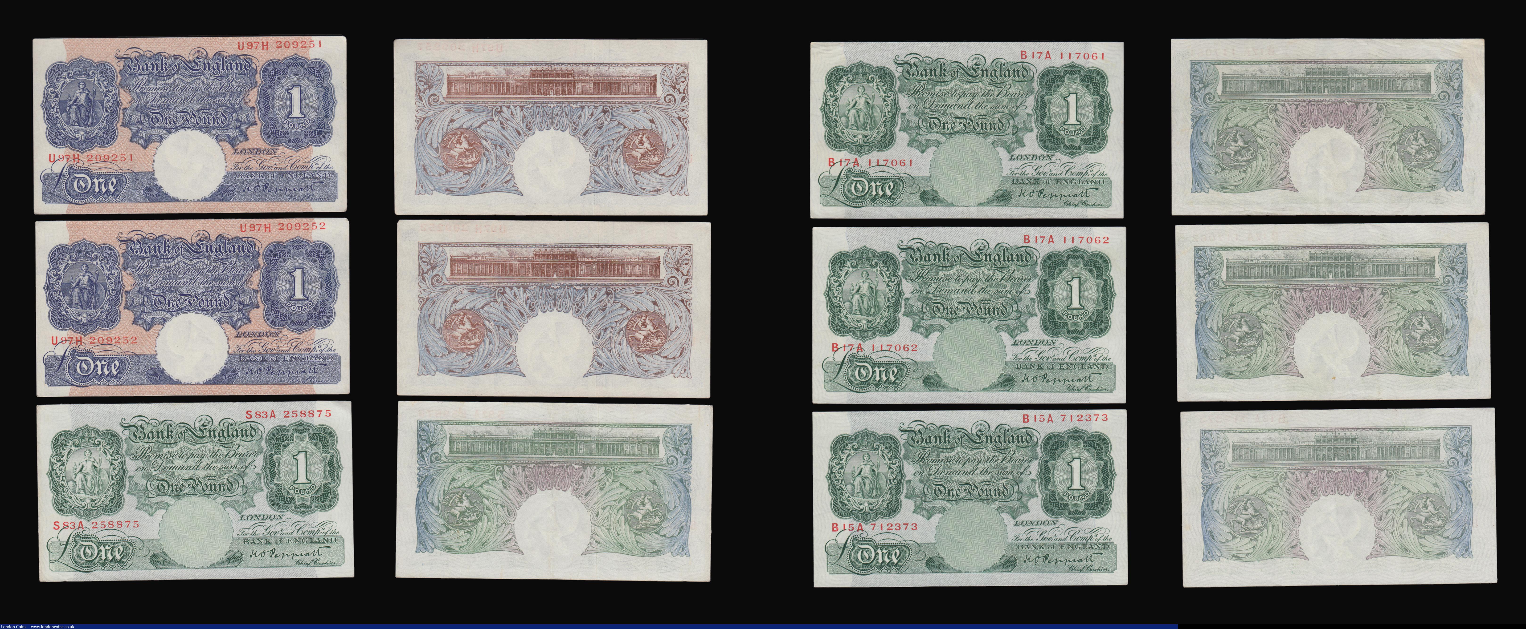 London Coins : A193 : Lot 16 : One Pound Peppiatt (9) B239 1934 (3) 2 being consecutives AU, B260 First Series S83A EF, Blue Shades...