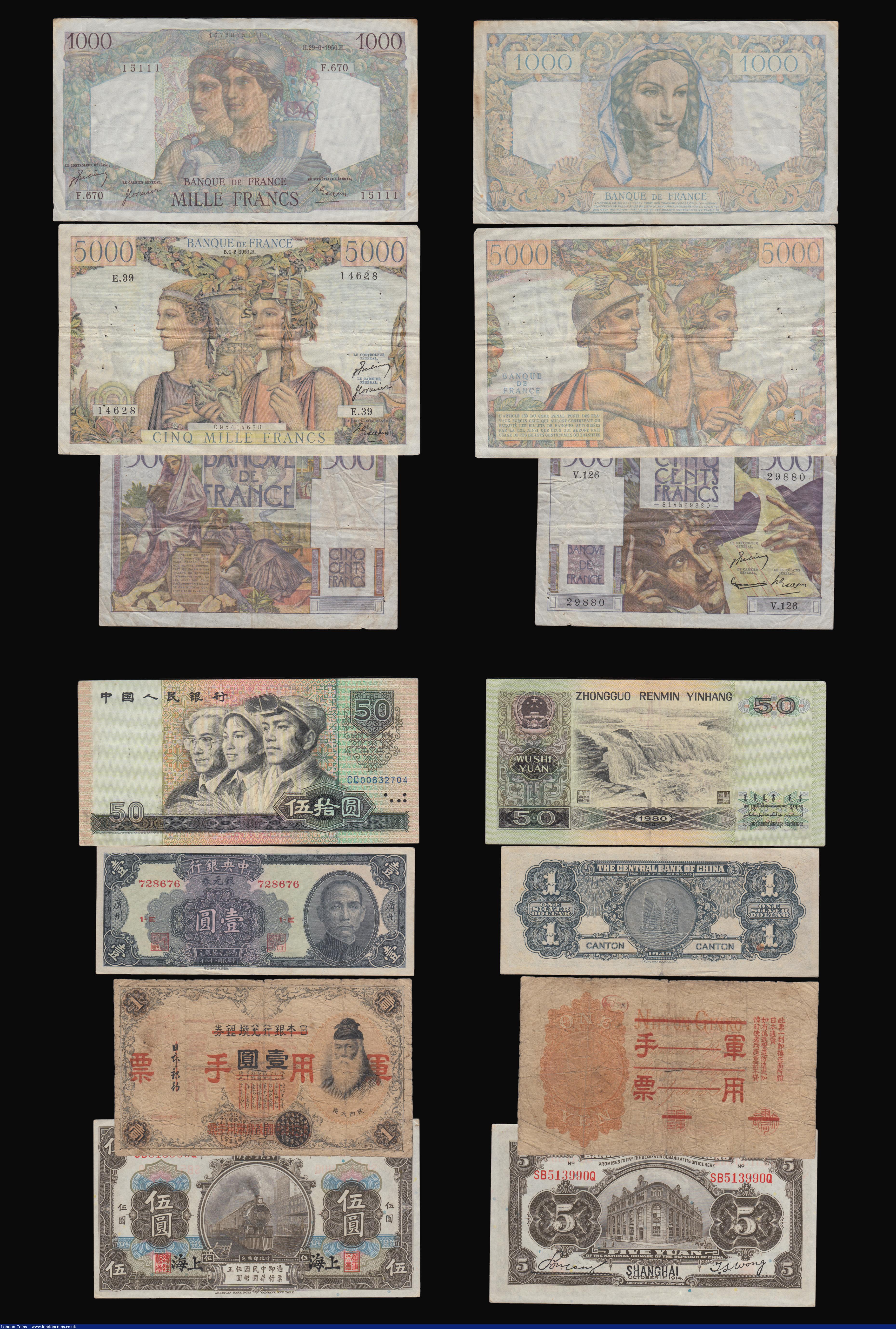 London Coins : A193 : Lot 166 : World a mixed group China Japanese Military 1 Yen Pick M22 VG, 1 Silver Dollar CANTON P441 VF, 5 Yua...