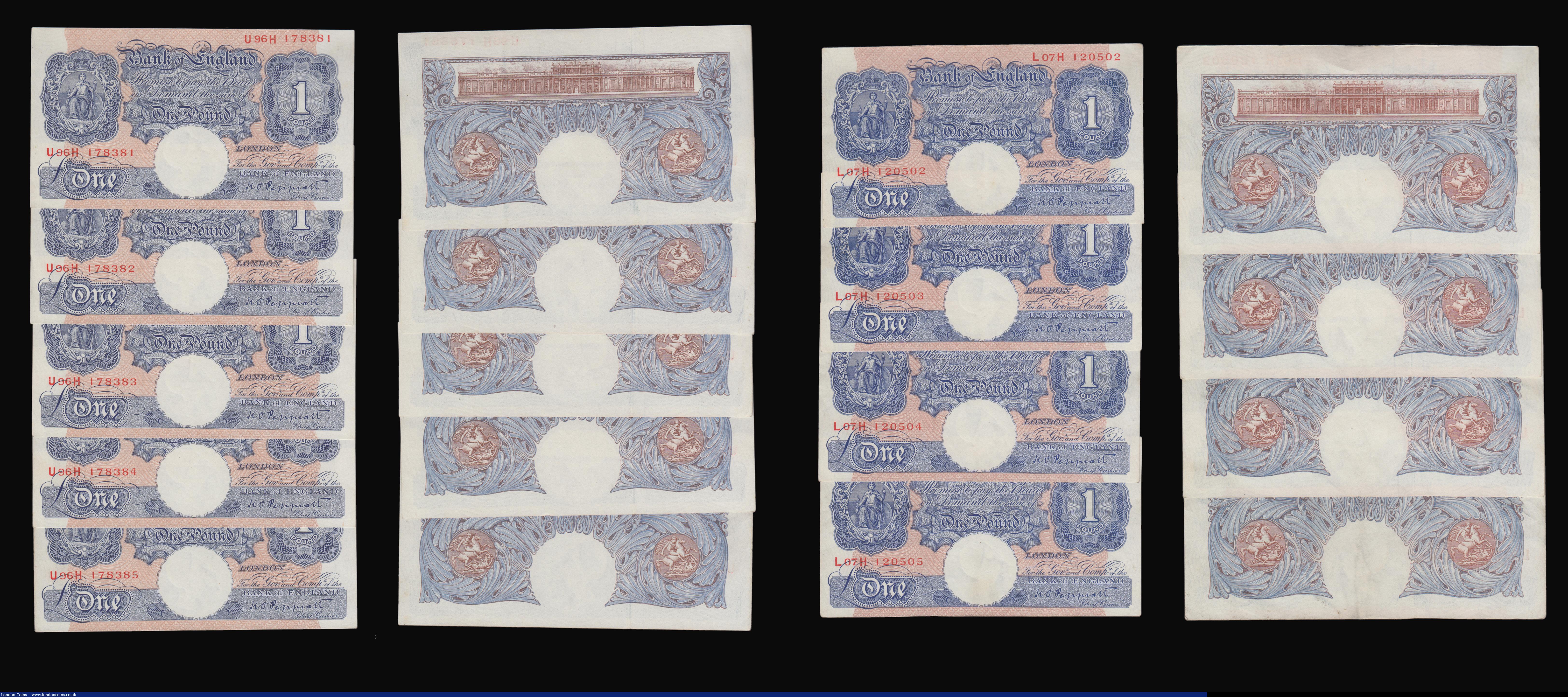 London Coins : A193 : Lot 25 : One Pound Peppiatt Blue 1940-1948 B249 (19) being 4 consecutive groups (3 runs of 5 and 1 run of 4),...