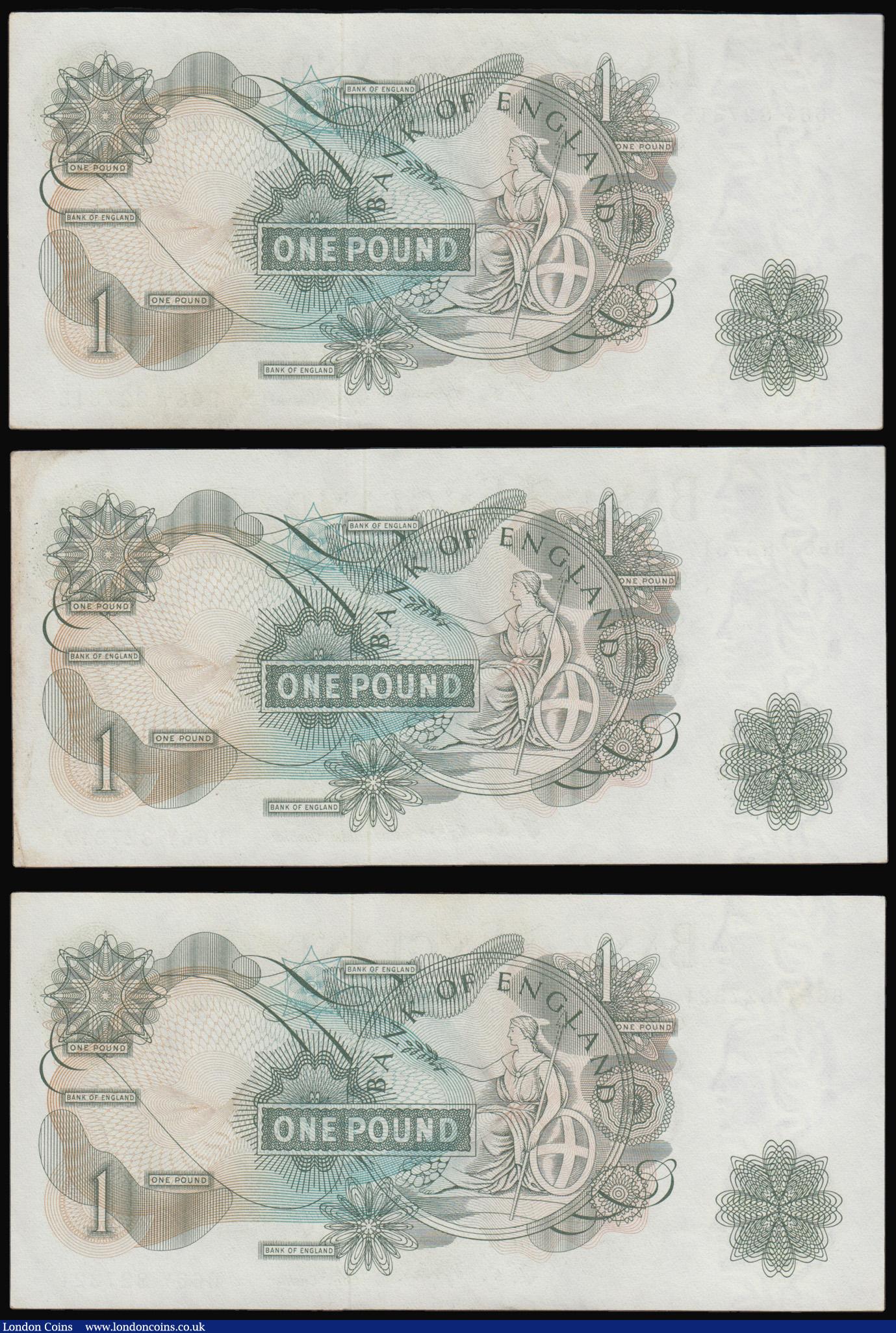 London Coins : A193 : Lot 55 : One Pound Fforde 1960 B301 First Series B66Y prefix (3) AU