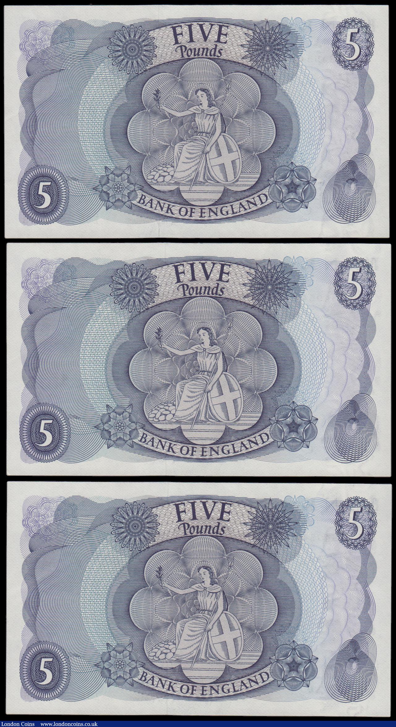 London Coins : A193 : Lot 59 : Five Pounds Fforde 1967 B312 (3) consecutive numbers Z55 549543 - 545 AU-Unc