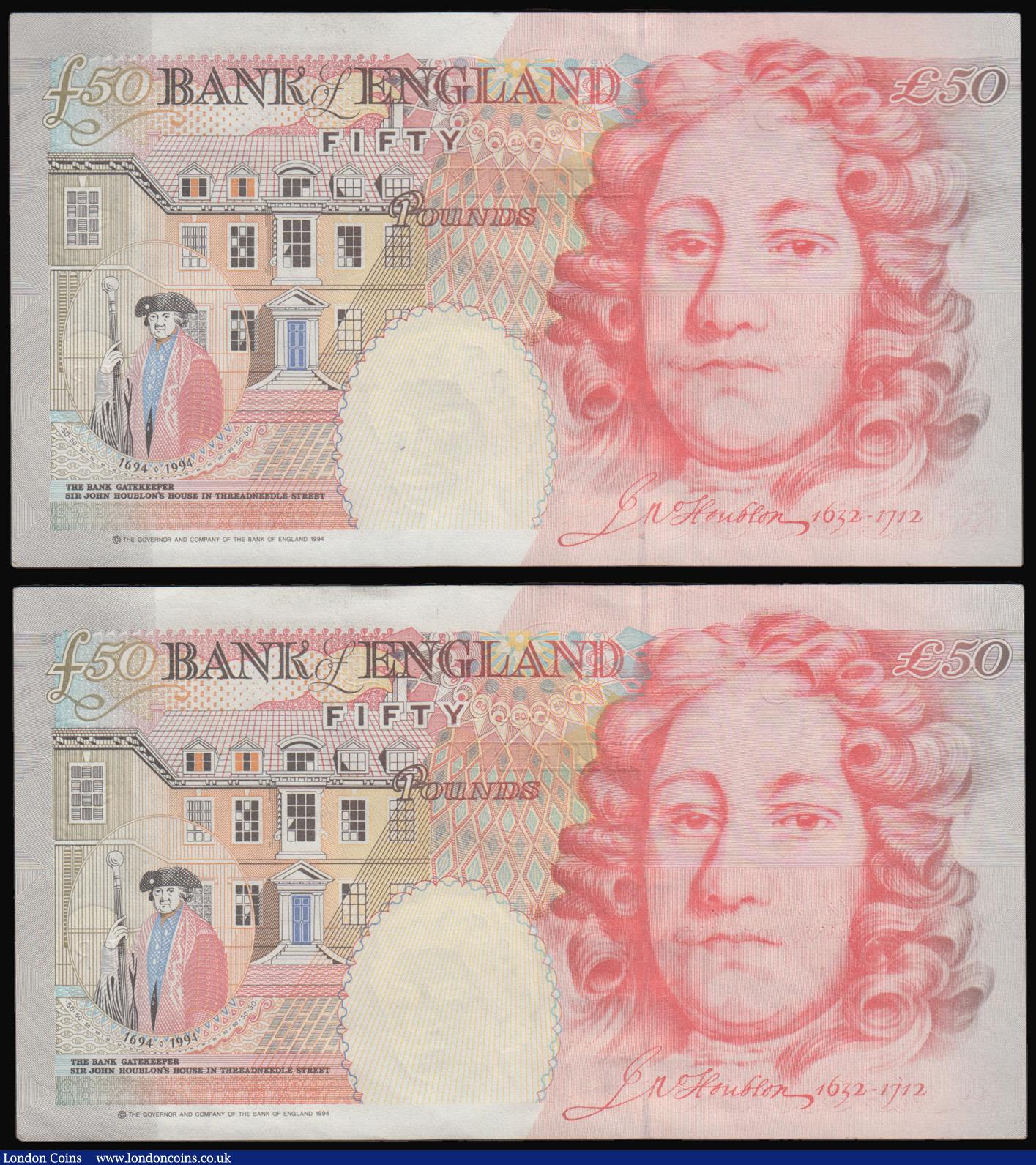 London Coins : A193 : Lot 72 : Fifty Pounds Bailey Houblon reverse 2006 B404 (2 consecutives) R62 716947 and 948 Unc