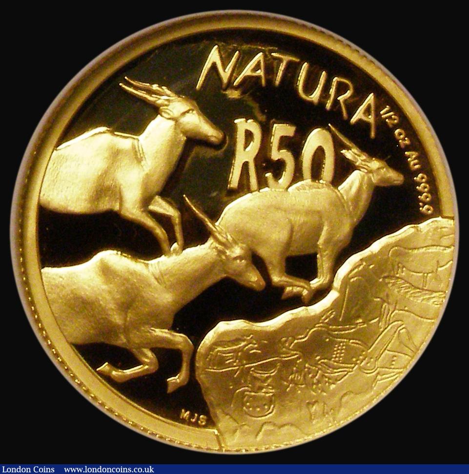 London Coins : A193 : Lot 896 : South Africa 50 Rand Gold 2007 Natura series - Obverse: forepart of Eland to left, Reverse: Three El...