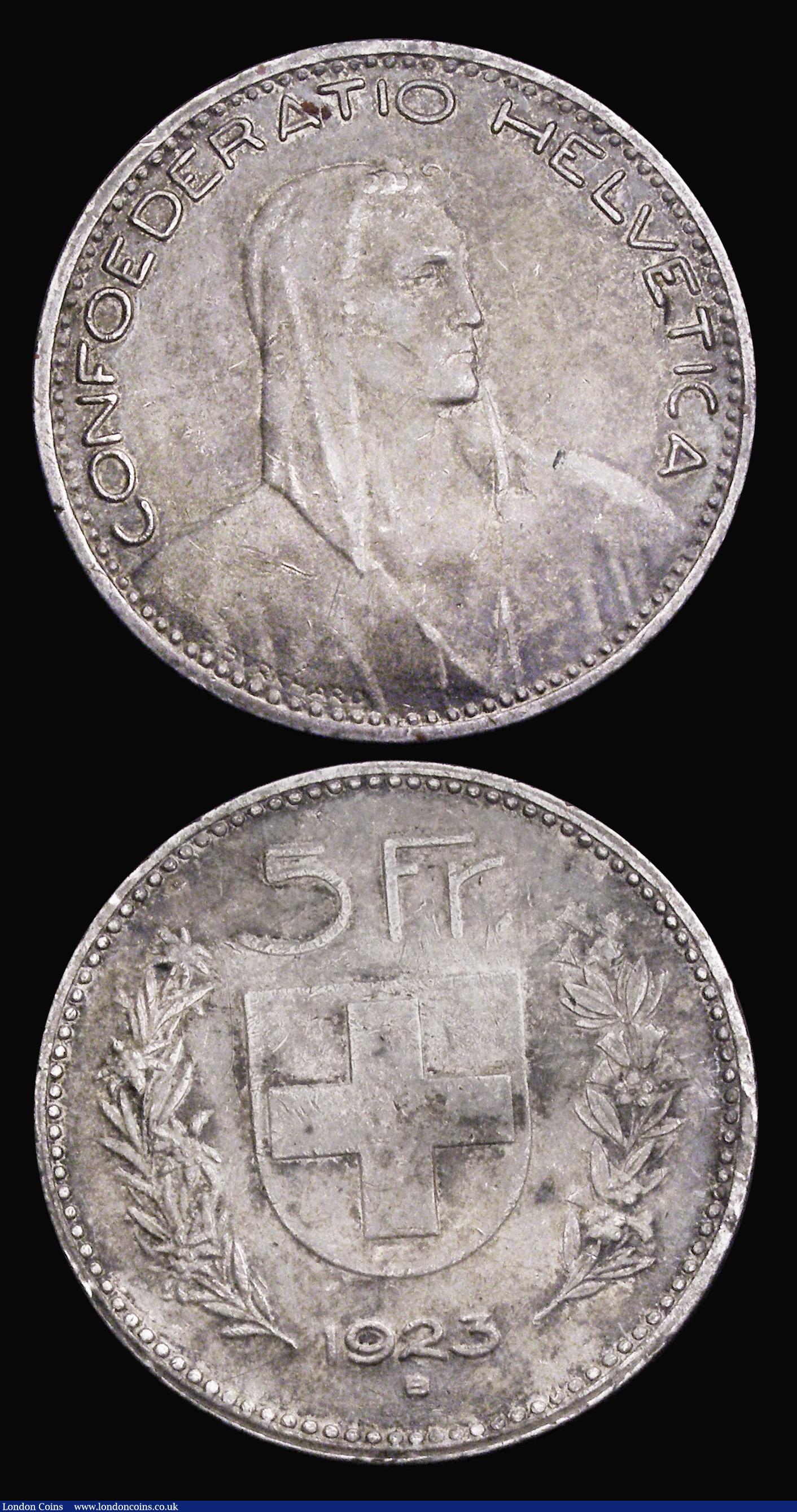 London Coins : A193 : Lot 931 : Switzerland 5 Francs 1923B (2) GVF-EF and both nicely toning 