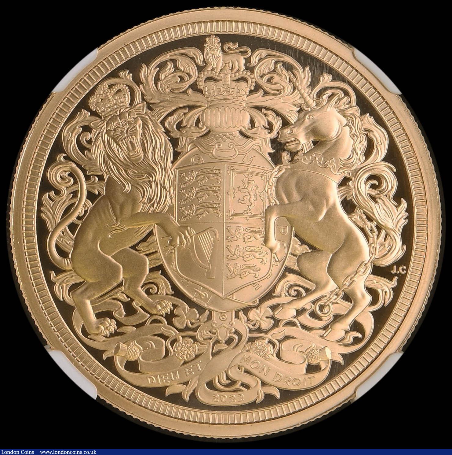 London Coins : A194 : Lot 1193 : Five Pounds 2022 Queen Elizabeth II Memorial Gold Proof in an NGC holder and graded PF70 Ultra Cameo