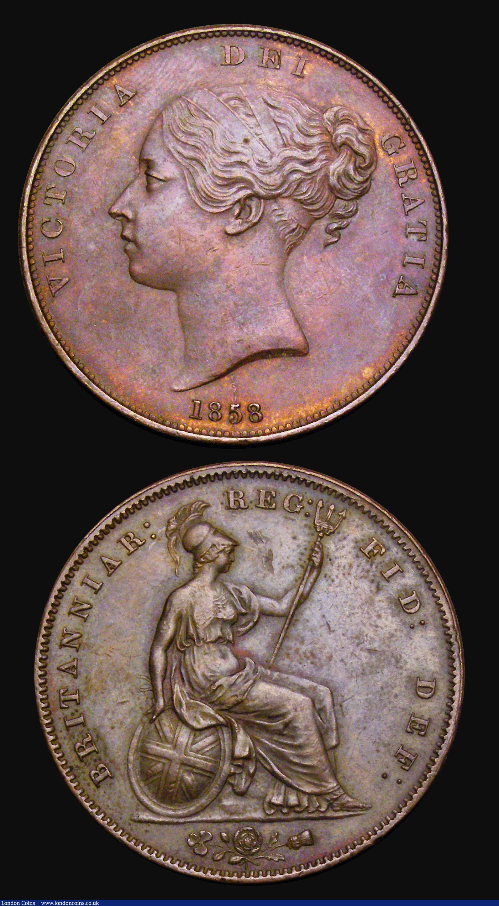 London Coins : A194 : Lot 1440 : Penny 1858 (2) with and without WW Peck 1517 AU with some heavy contact marks reverse field and 1518...