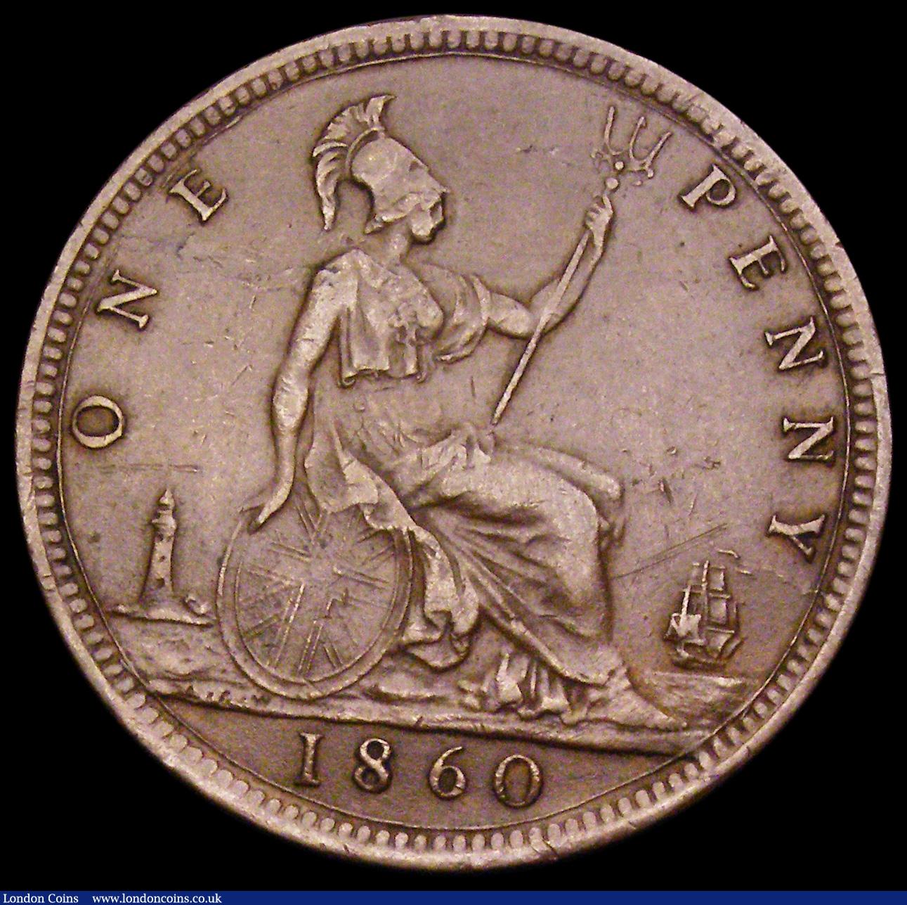 London Coins : A194 : Lot 1447 : Penny 1860 Toothed Border Freeman 17 dies 6+D VF with some minor scratched reverse, Rare, rated R13 ...