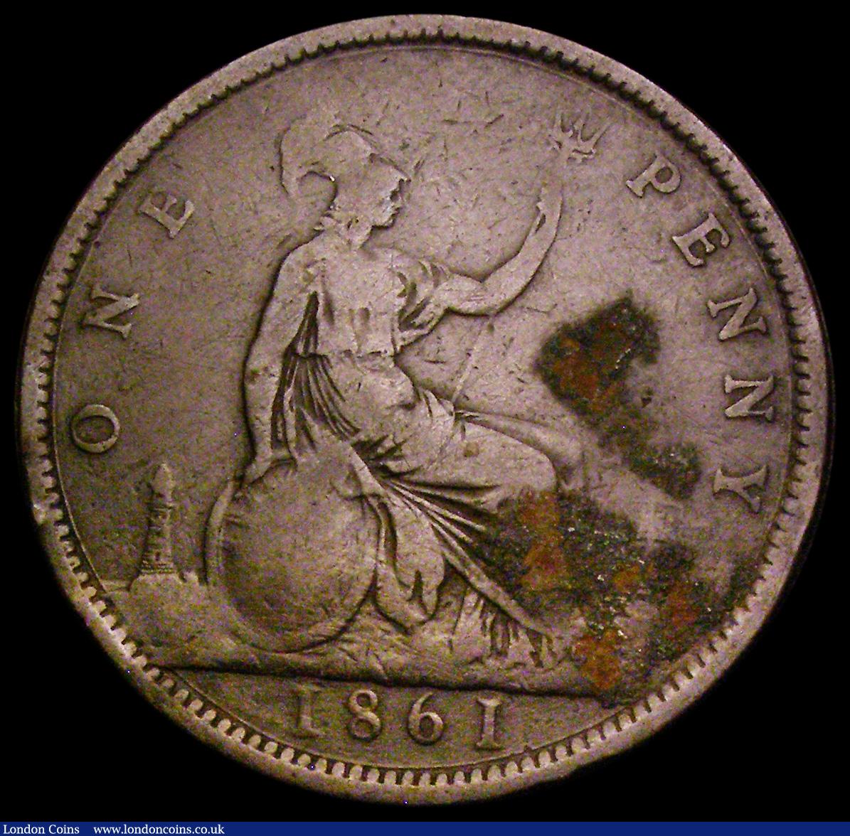 London Coins : A194 : Lot 1448 : Penny 1861 as Freeman 33 dies 6+G but the N in ONE has a serif protruding from the right hand base a...