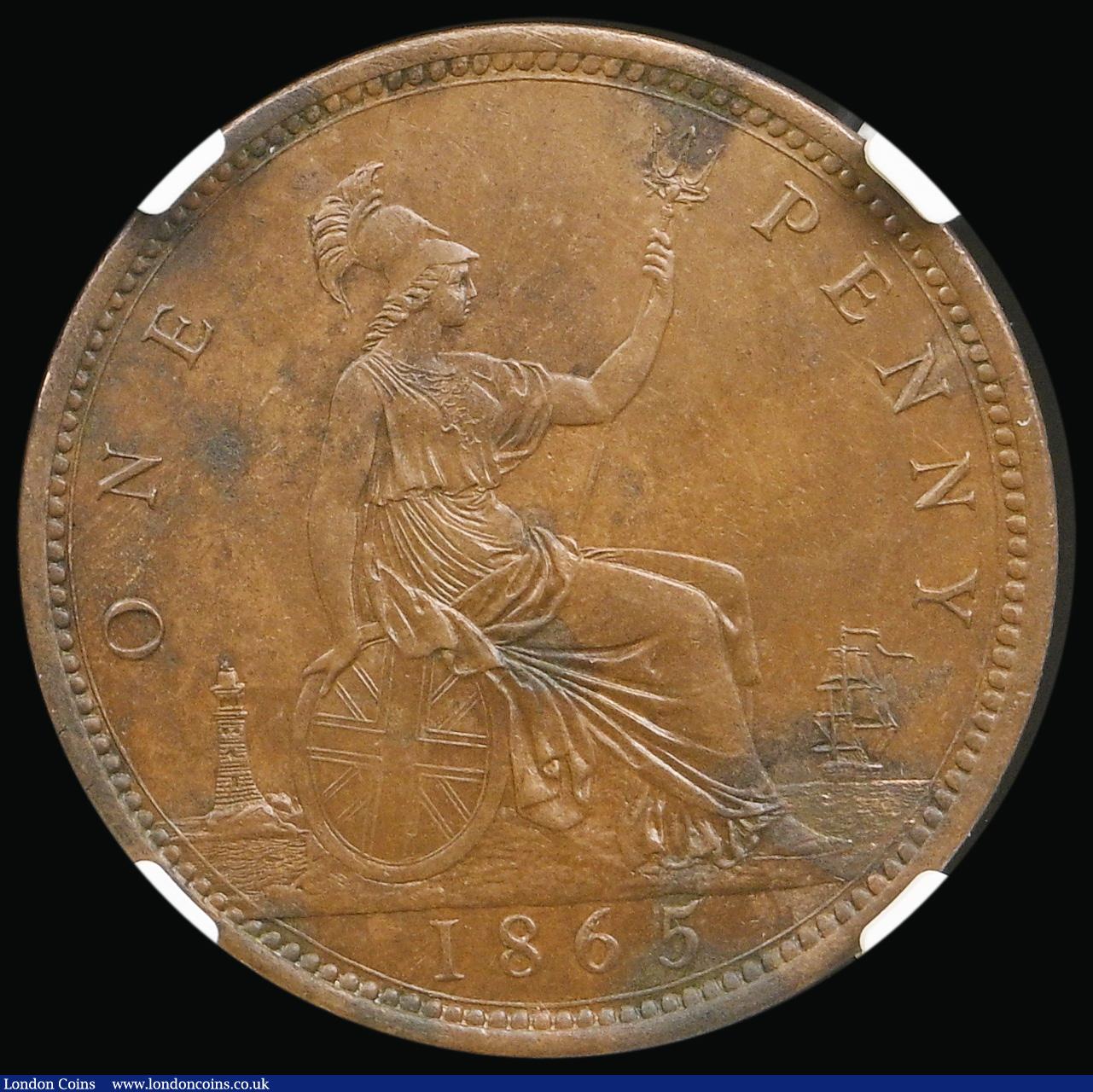 London Coins : A194 : Lot 1456 : Penny 1865 Freeman 50 dies 6+G UNC with uneven dark toning reverse and in a NGC holder and graded UN...