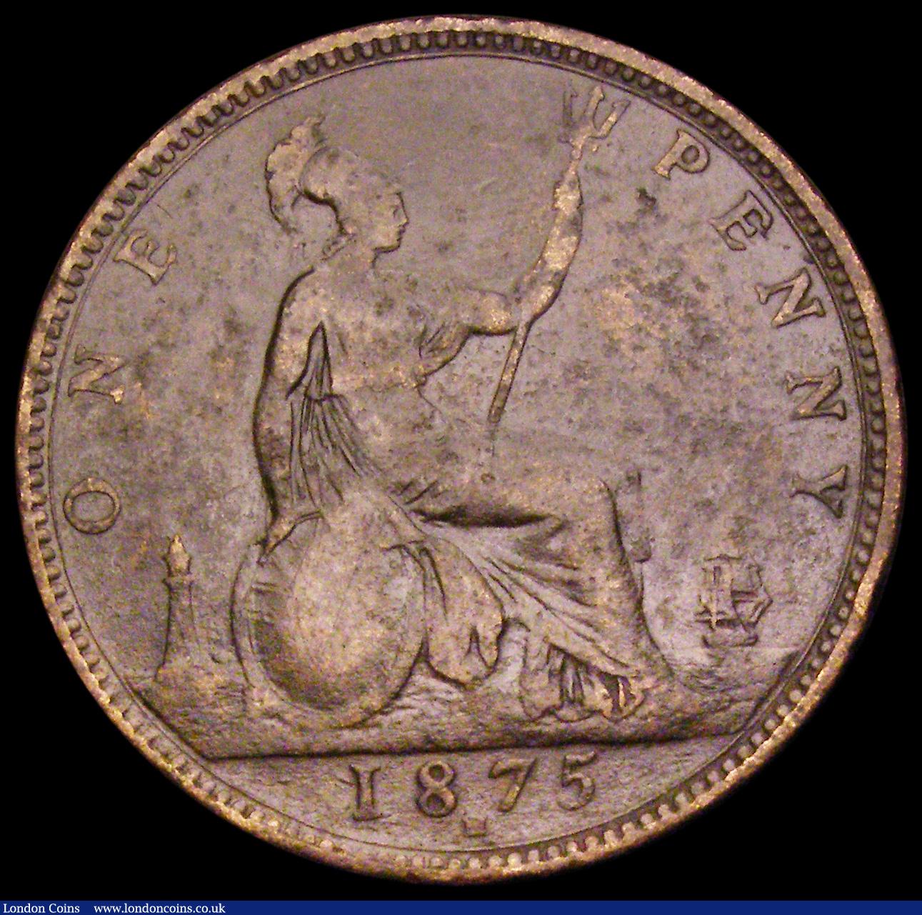 London Coins : A194 : Lot 1466 : Penny 1875H Freeman 85 dies 8+J, VG or better the obverse with some corrosion below the ribbons