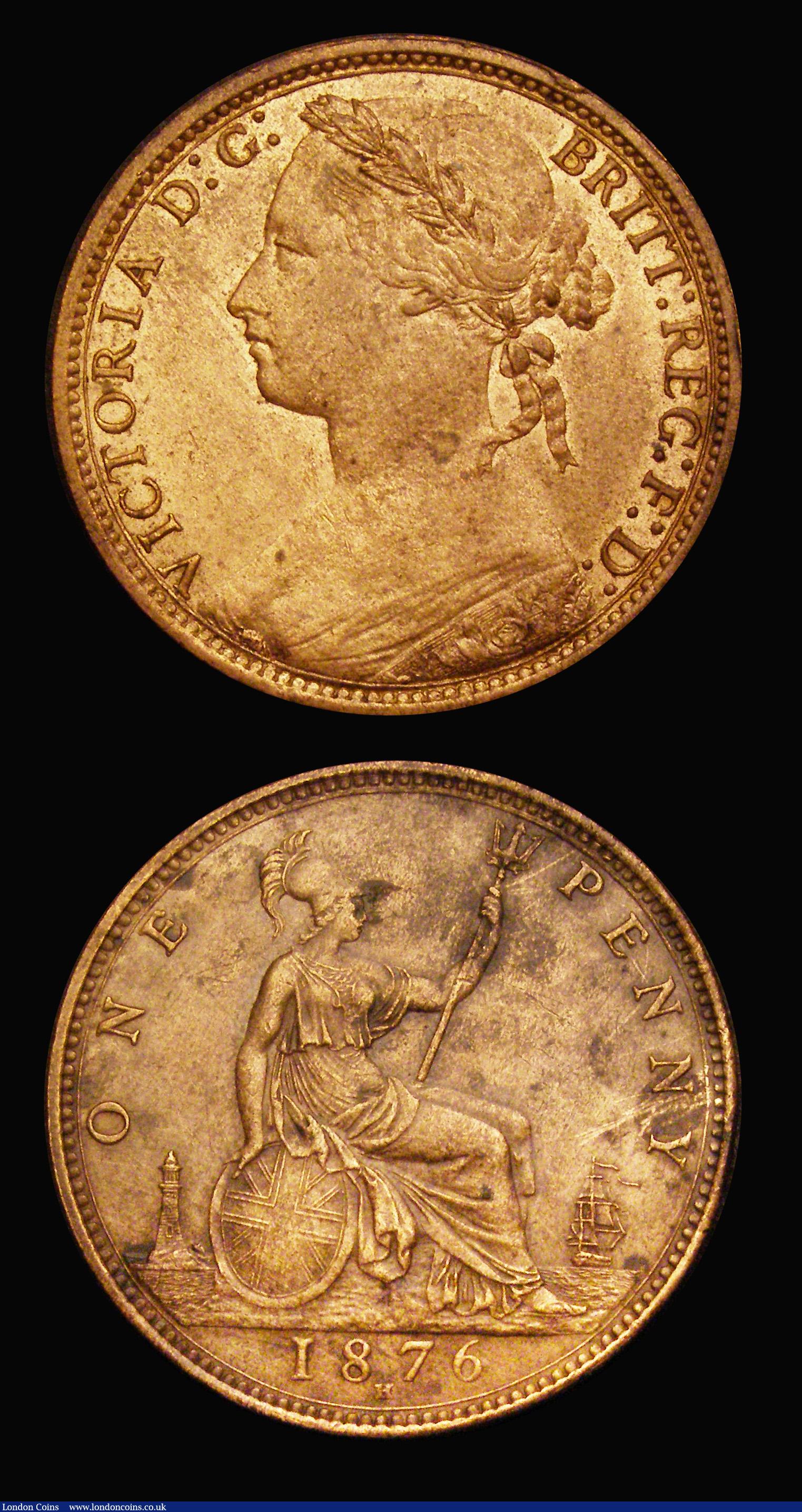 London Coins : A194 : Lot 1467 : Penny 1876H Freeman 87 dies 8+J AU cleaned and with some scratches reverse and 1876H Dies 8+K Freema...
