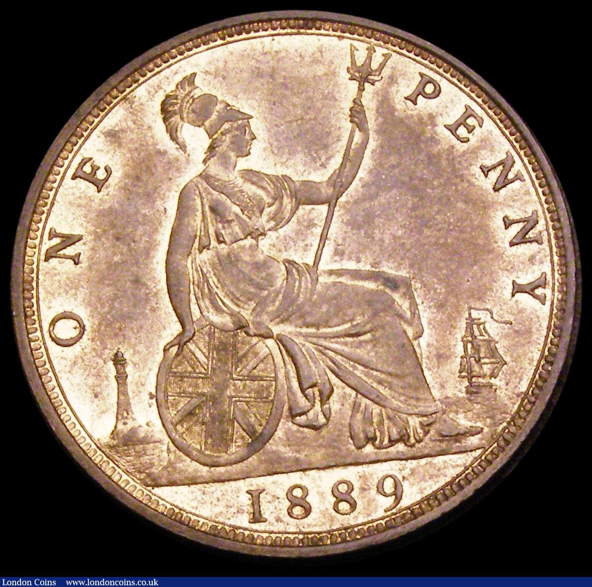 London Coins : A194 : Lot 1473 : Penny 1889 14 Leaves Freeman 128 dies 13+N UNC with around 30% lustre, Ex-D. Craddock &pound;10.80